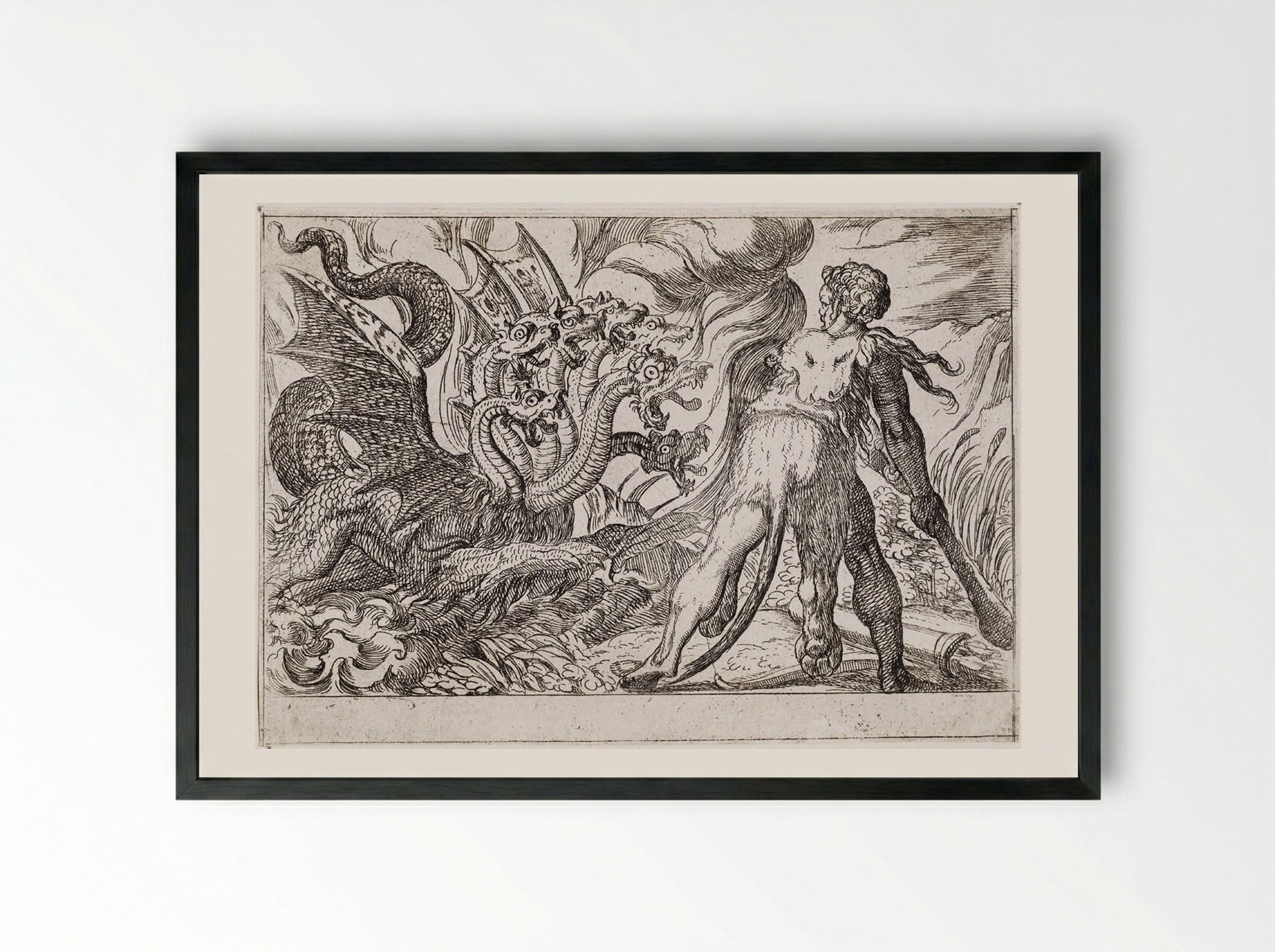 Hercules and the Hydra of Lerna - Antonio Tempesta - Framed Print Black