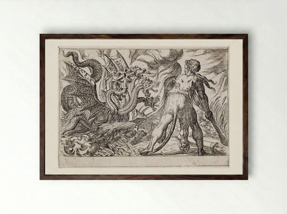 Hercules and the Hydra of Lerna - Antonio Tempesta - Framed Print Dark Wood
