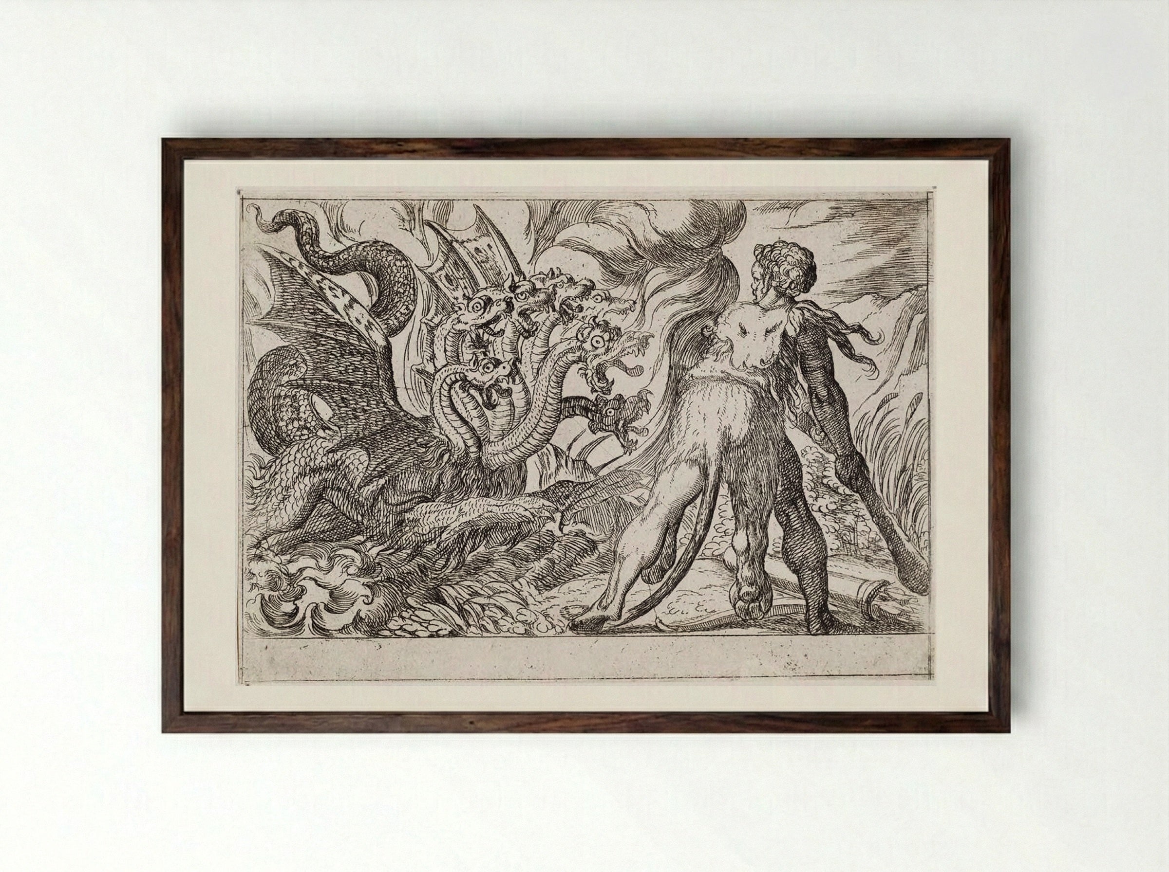 Hercules and the Hydra of Lerna - Antonio Tempesta - Framed Print Dark Wood