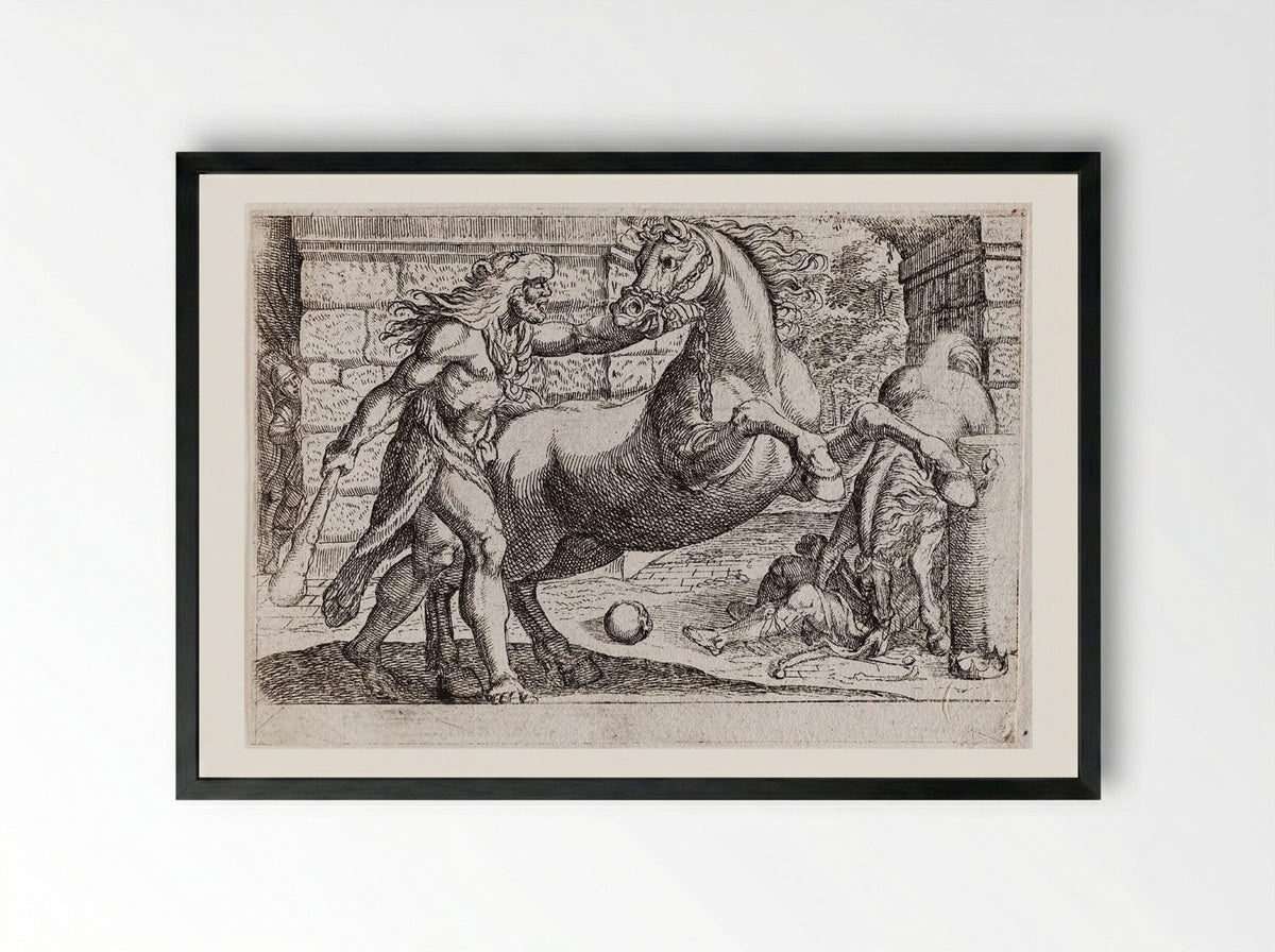 Hercules and the Mares of Diomedes - Antonio Tempesta - Framed Print Black