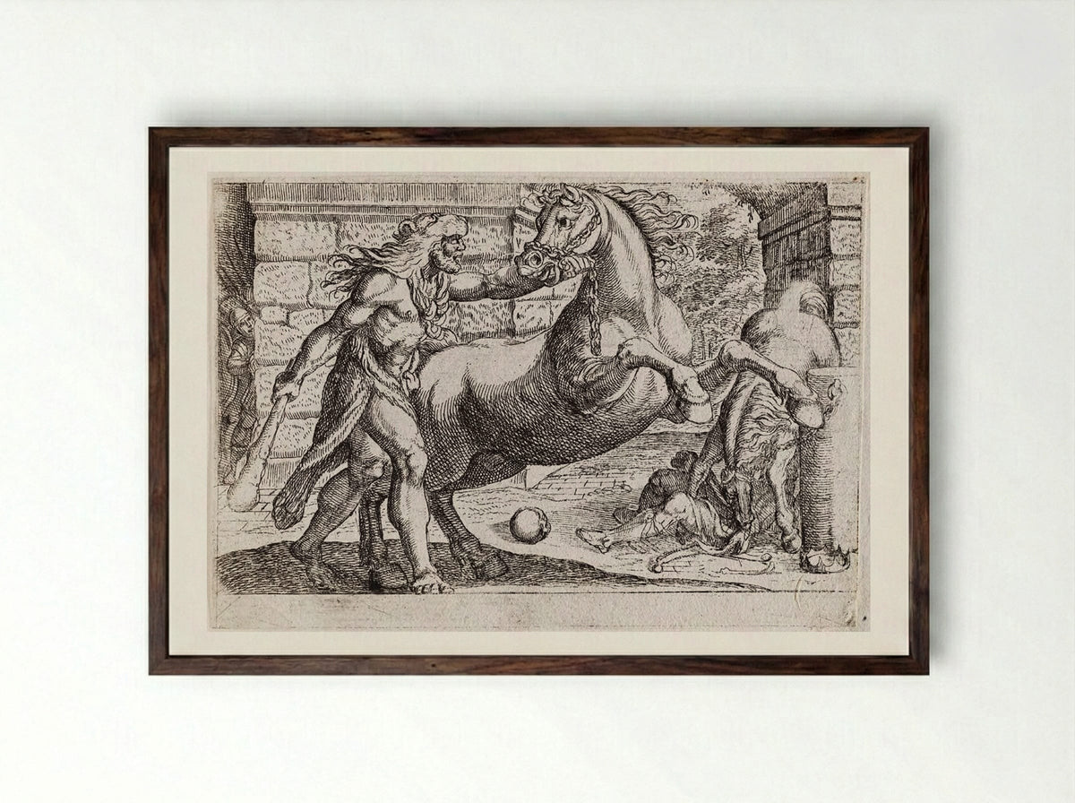 Hercules and the Mares of Diomedes - Antonio Tempesta - Framed Print Dark Wood
