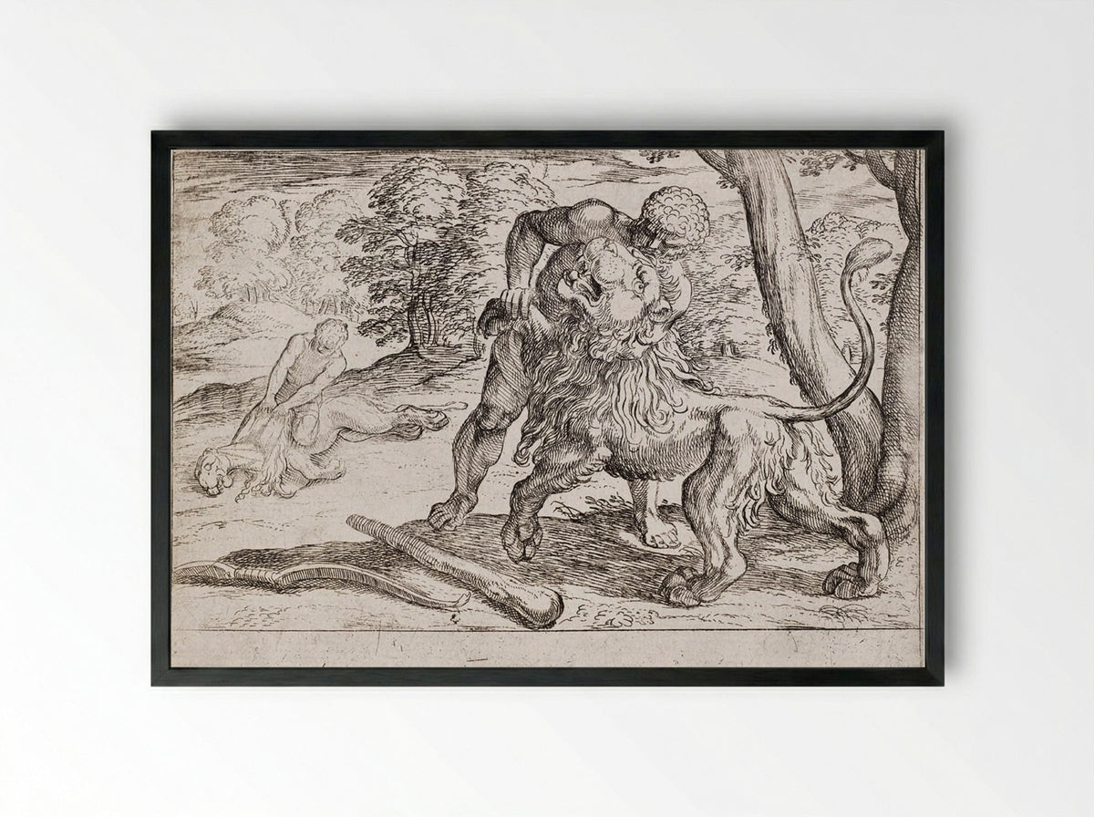Hercules and the Nemean Lion - Antonio Tempesta - Framed Print Black