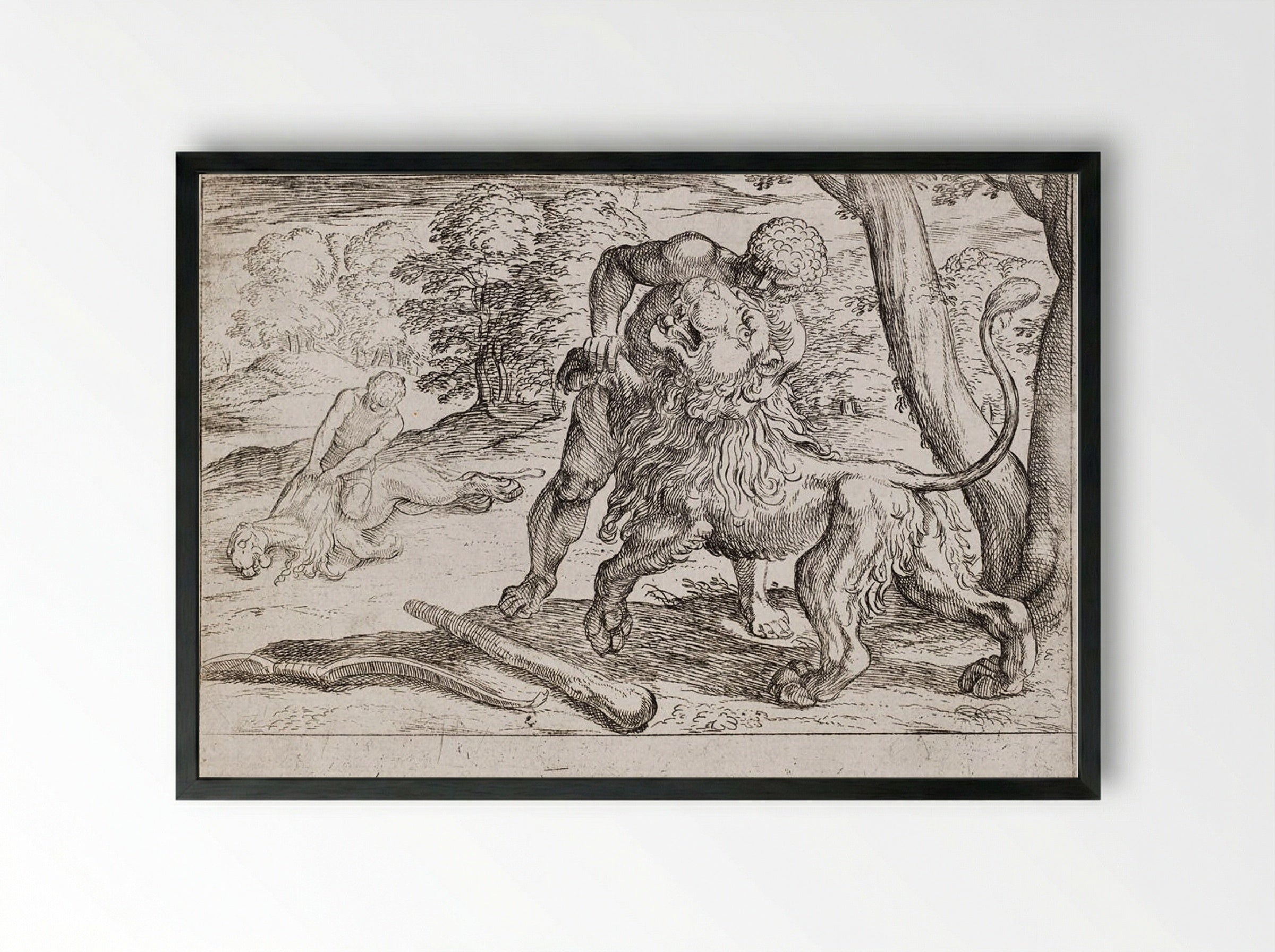 Hercules and the Nemean Lion - Antonio Tempesta - Framed Print Black