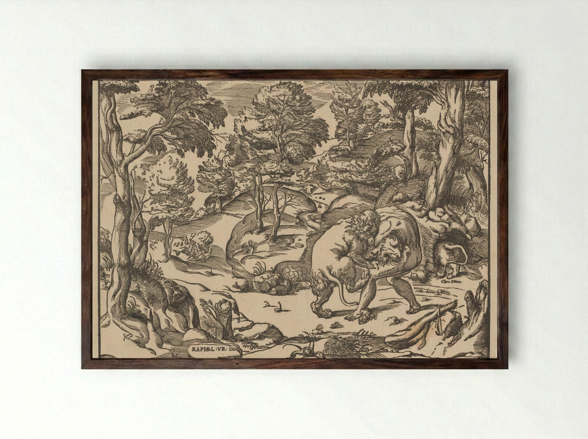 Hercules and the Nemean Lion - Nicolò Boldrini - Framed Print Dark Wood