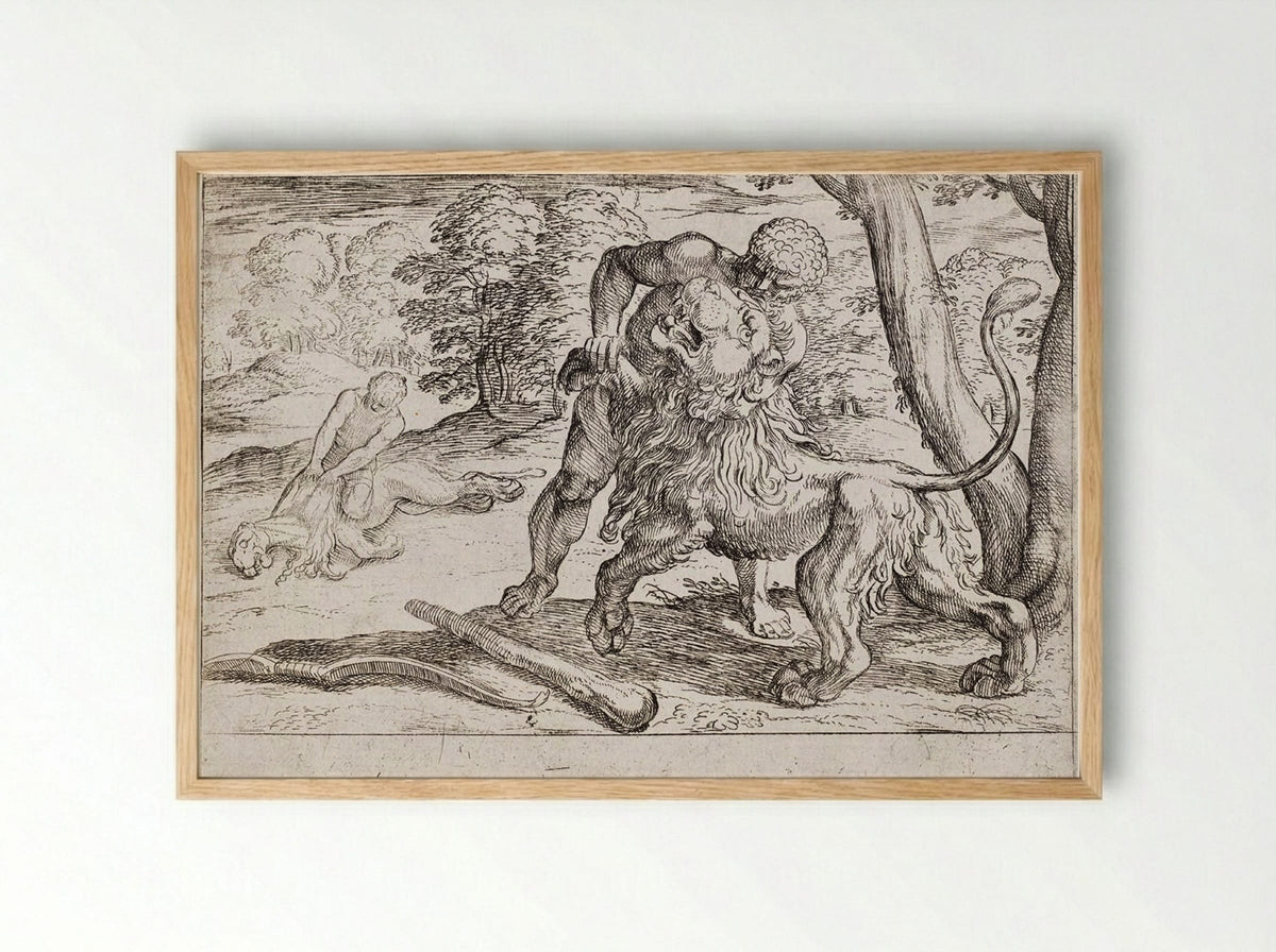 Hercules and the Nemean Lion - Antonio Tempesta - Framed Print Wood