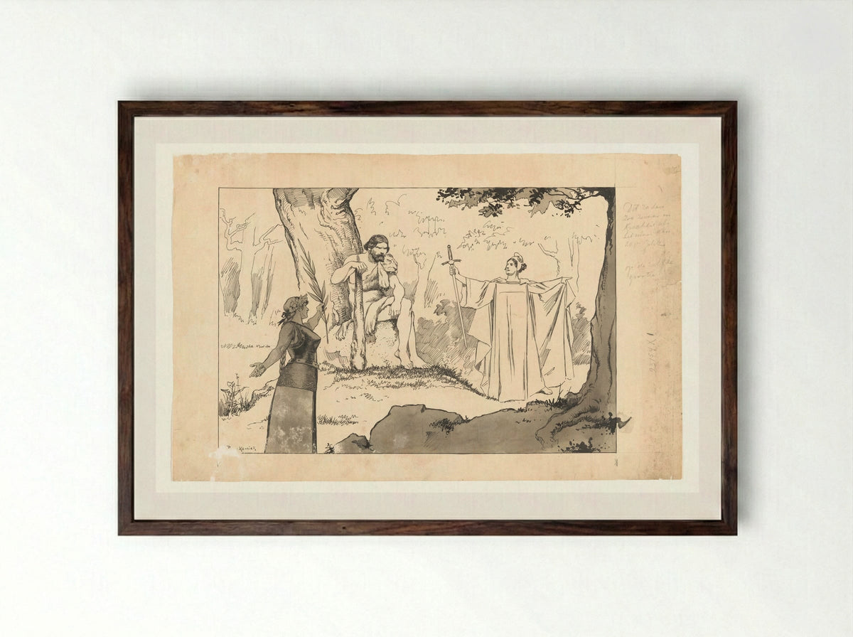 Hercules at the Crossroads - Johan Braakensiek - Framed Print Dark Wood