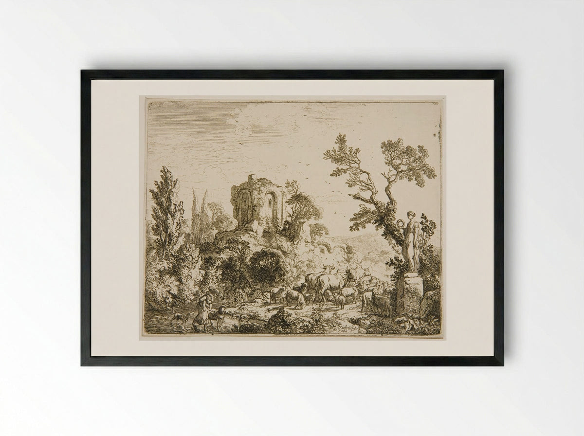 Herd by Statue of Flora - Christian Wilhelm Ernst Dietrich - Framed Print Black