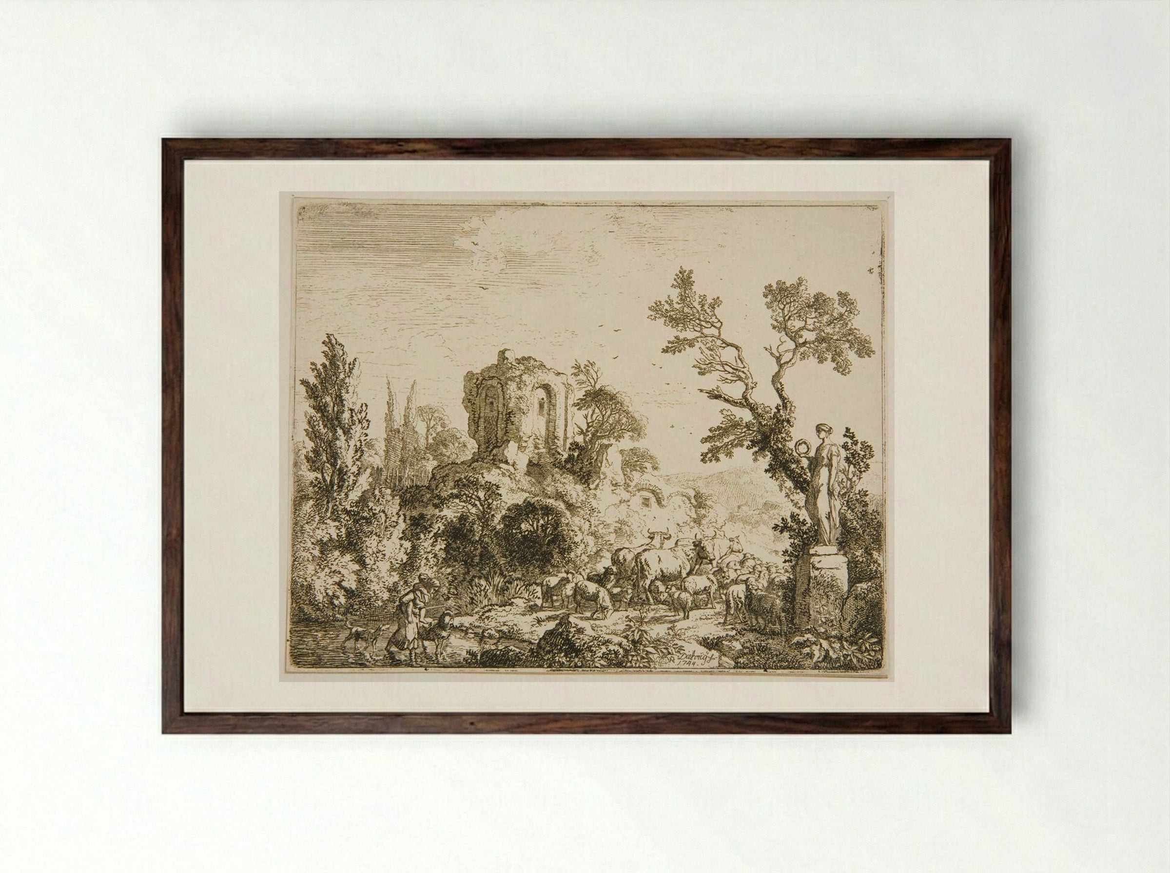 Herd by Statue of Flora - Christian Wilhelm Ernst Dietrich - Framed Print Dark Wood