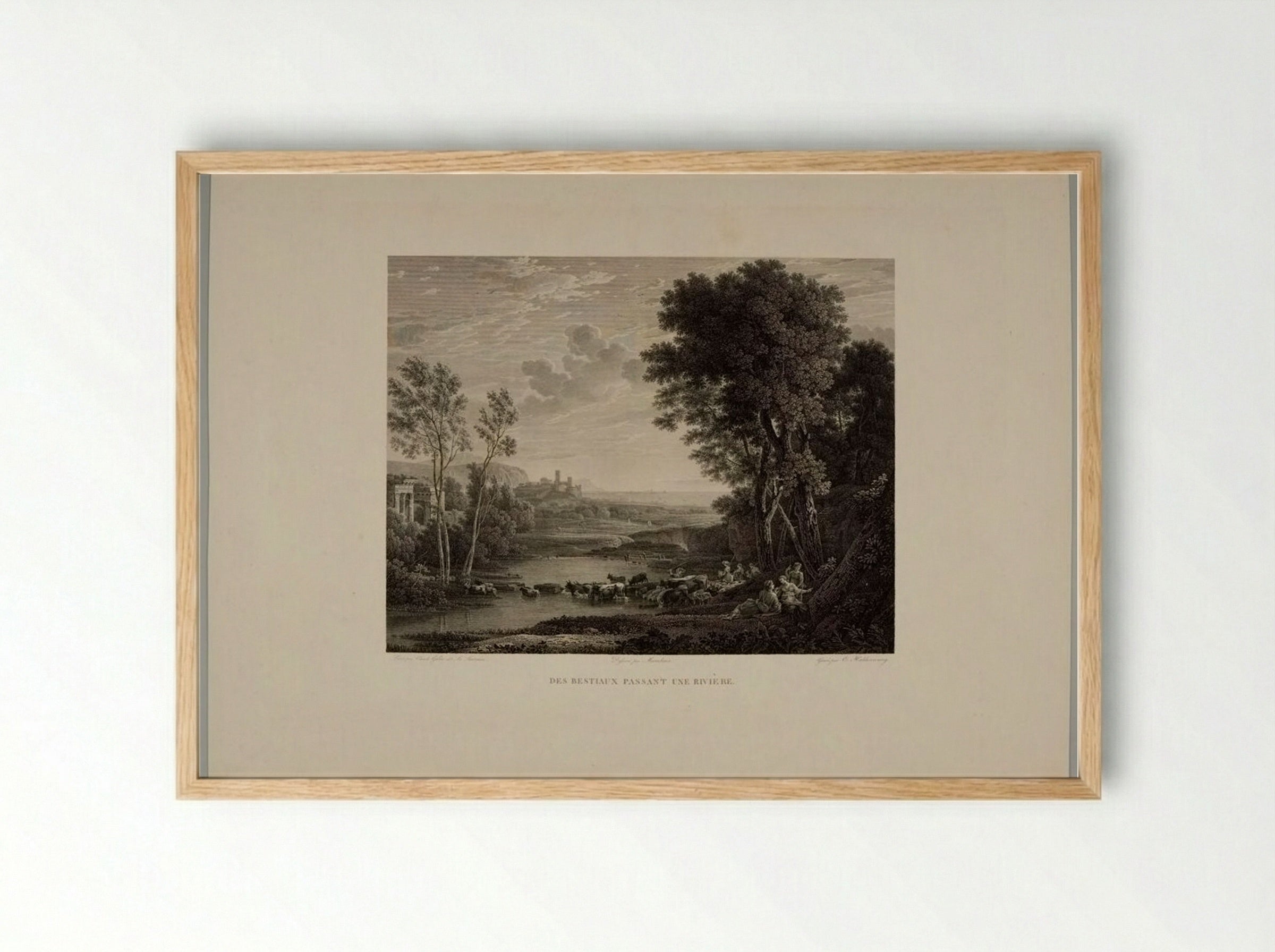 Herd of Cattle Fording a River - Christian Haldenwang - Framed Print Wood