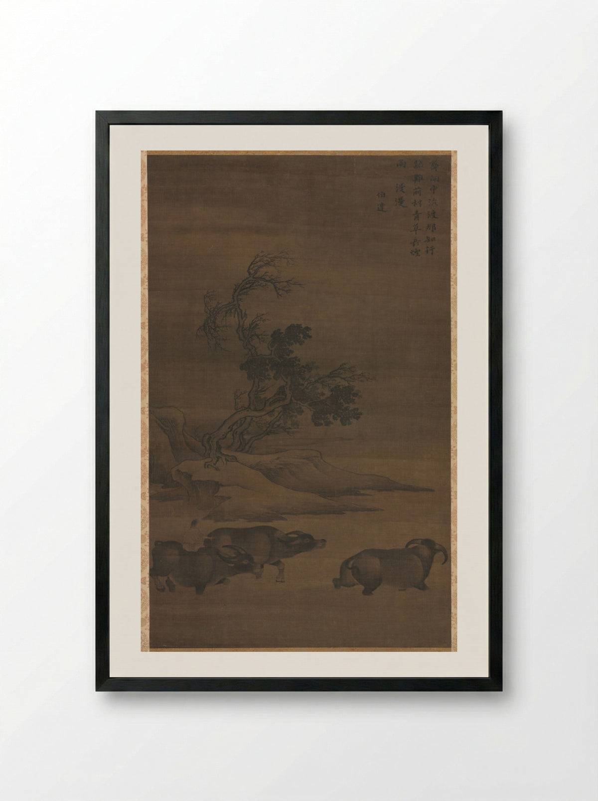 Herdboys and Buffalo in Landscape - Guo Min - Framed Print Black