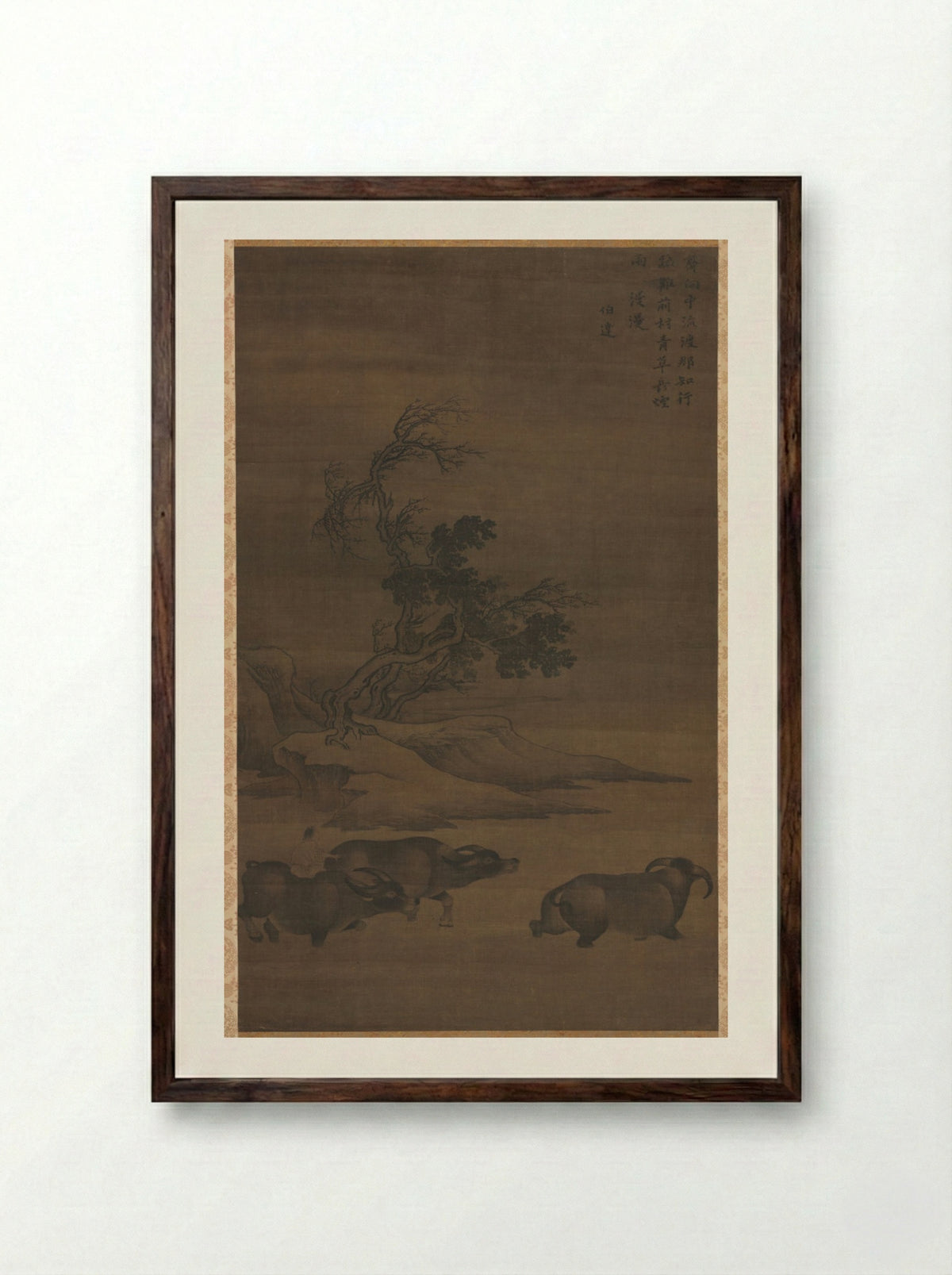Herdboys and Buffalo in Landscape - Guo Min - Framed Print Dark Wood