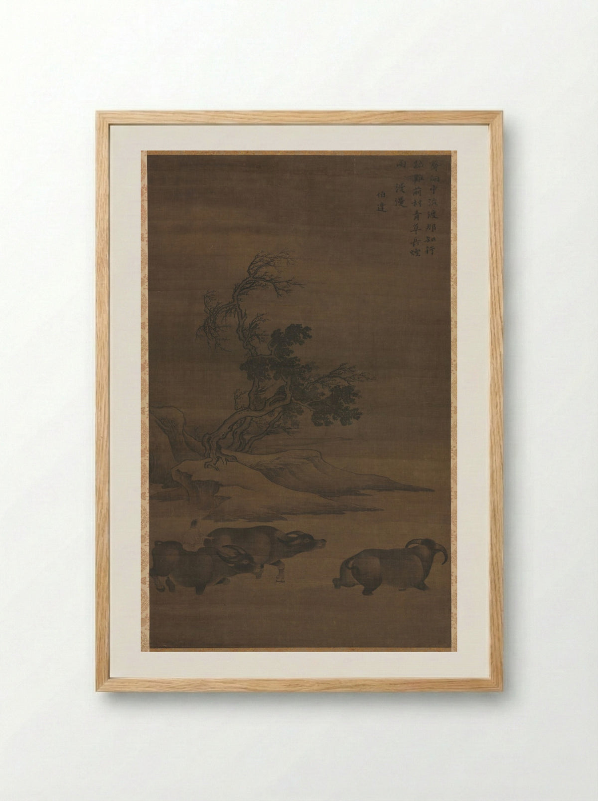 Herdboys and Buffalo in Landscape - Guo Min - Framed Print Wood