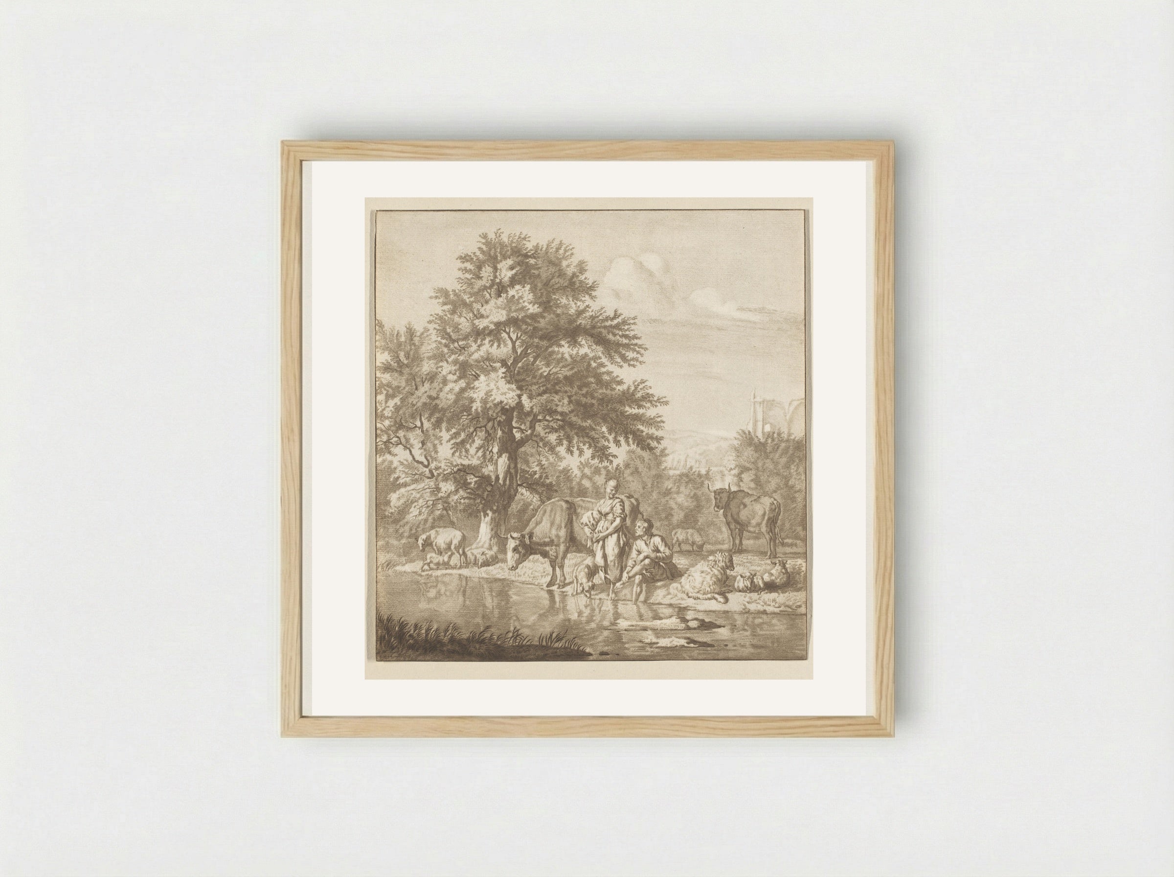 Herder en herderin met kudde bij een rivier - Cornelis Ploos van Amstel - Framed Print Wood