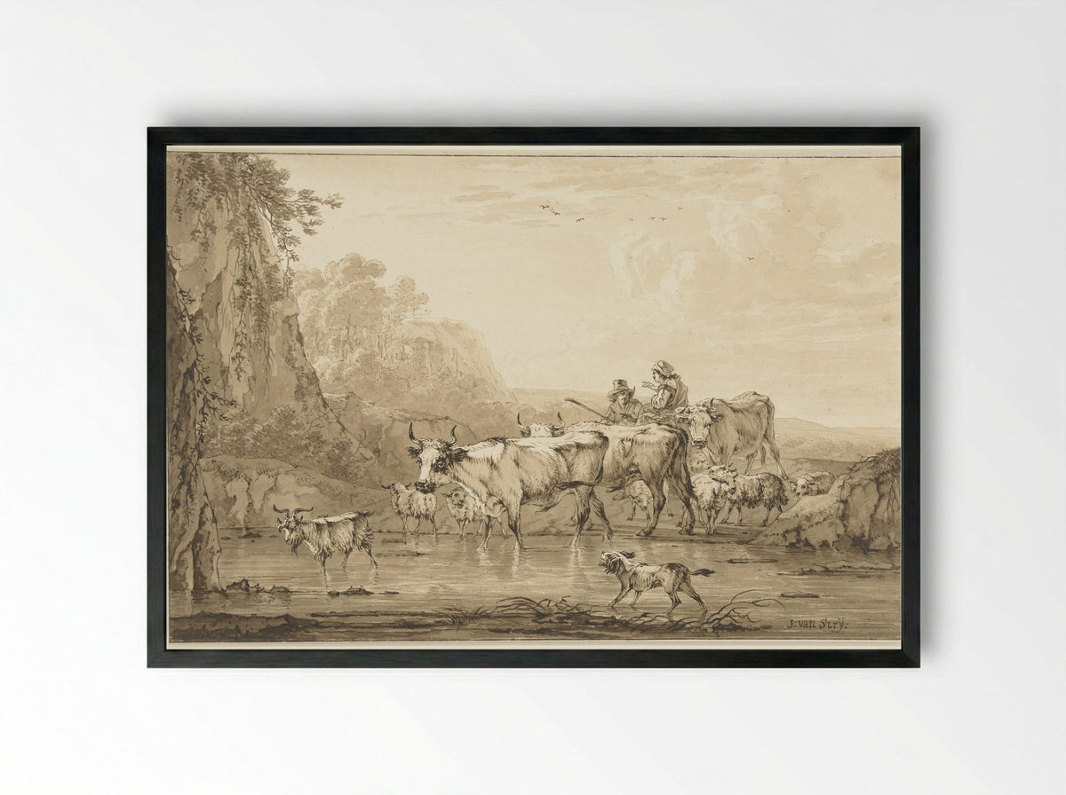 Herder en herderin met runderen en schapen bij een poel - Jacob van Strij - Framed Print Black