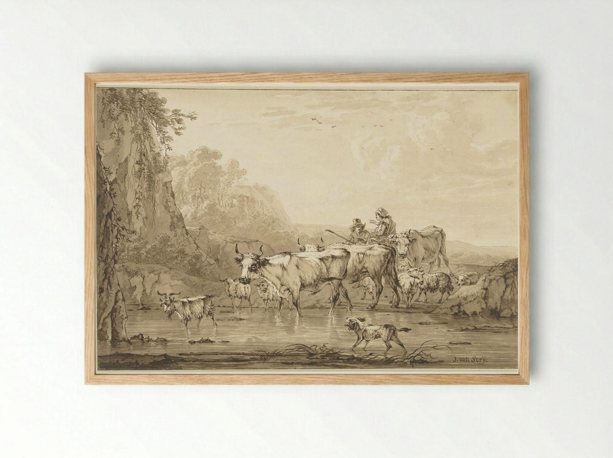 Herder en herderin met runderen en schapen bij een poel - Jacob van Strij - Framed Print Wood