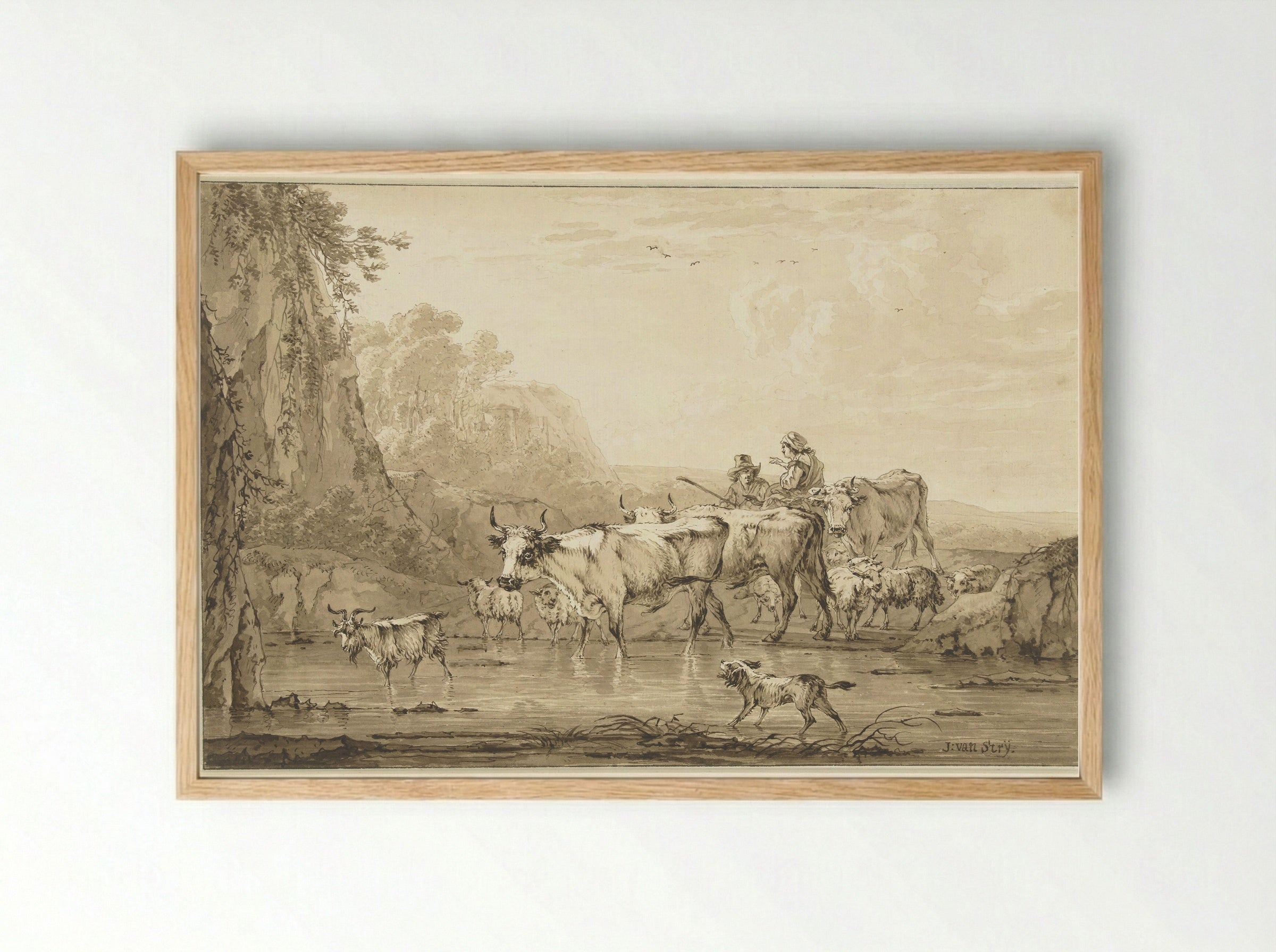 Herder en herderin met runderen en schapen bij een poel - Jacob van Strij - Framed Print Wood