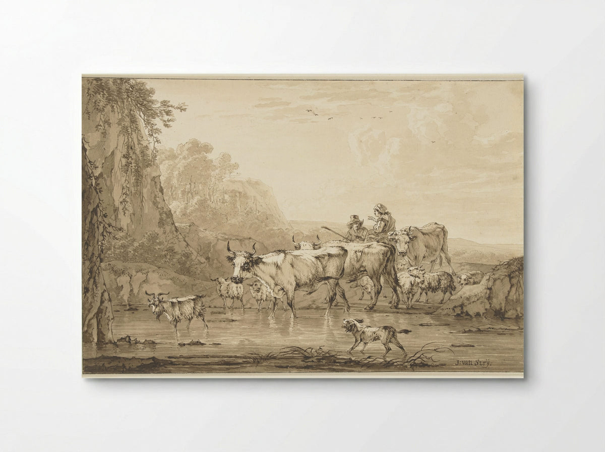 Herder en herderin met runderen en schapen bij een poel - Jacob van Strij - Poster
