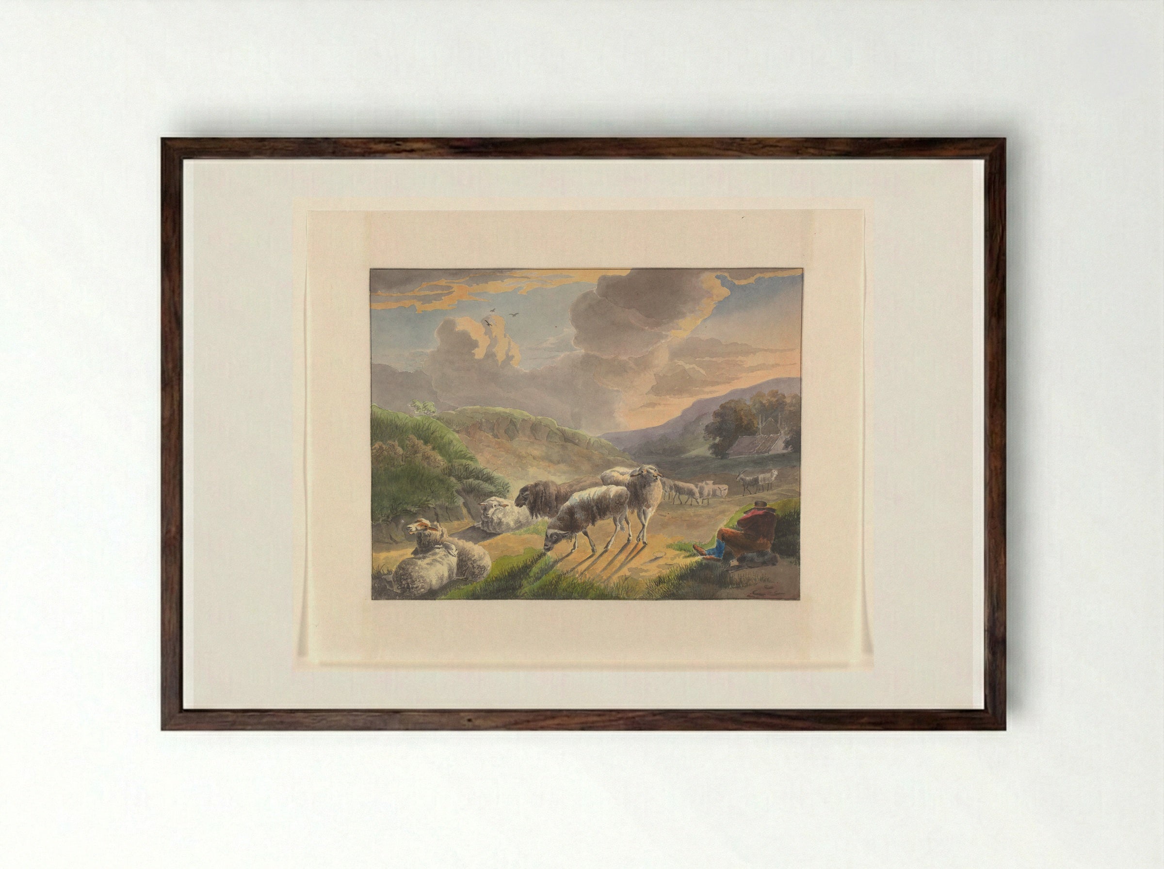 Herder en schapen in een landschap bij zonsondergang - Johannes van Reijn - Framed Print Dark Wood