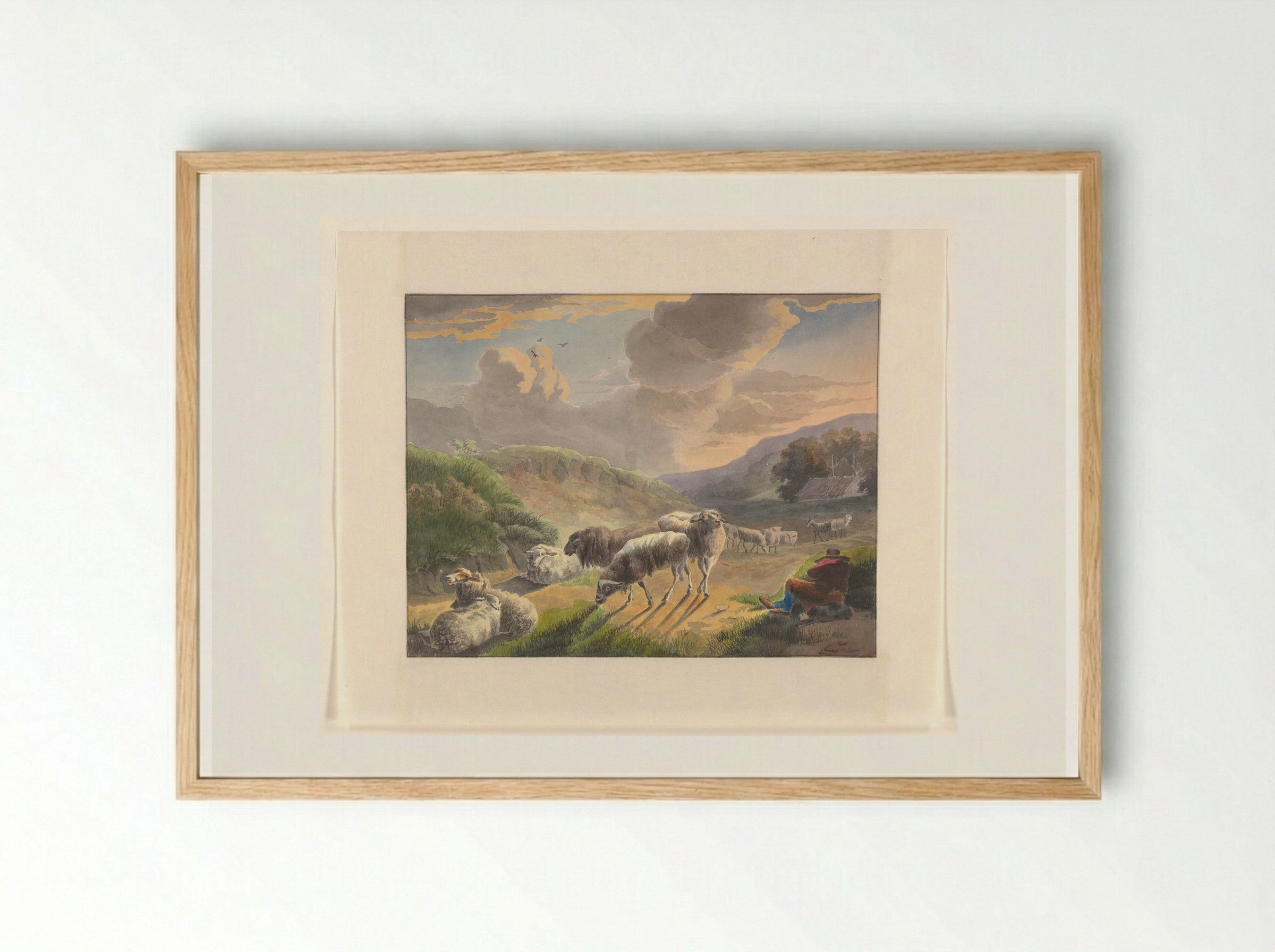 Herder en schapen in een landschap bij zonsondergang - Johannes van Reijn - Framed Print Wood