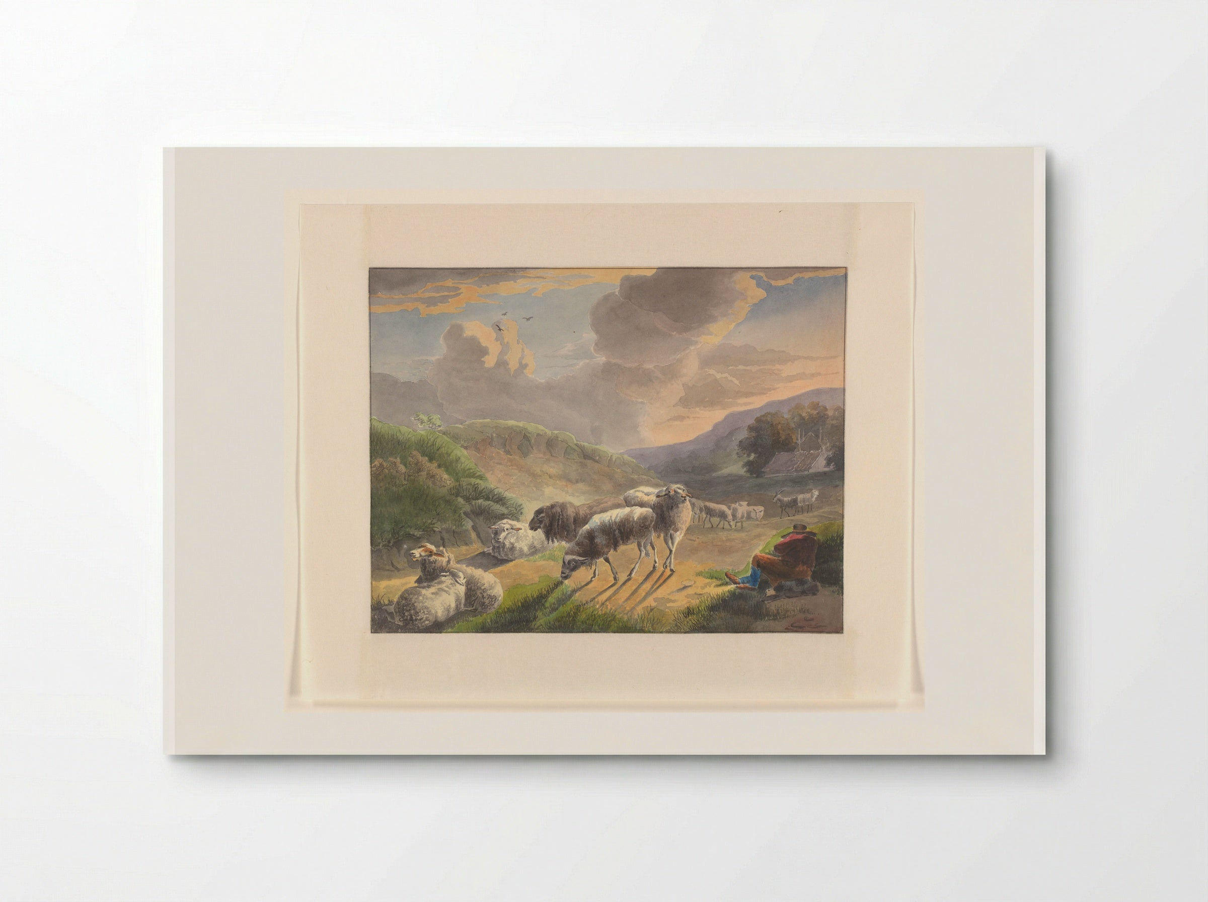 Herder en schapen in een landschap bij zonsondergang - Johannes van Reijn - Poster