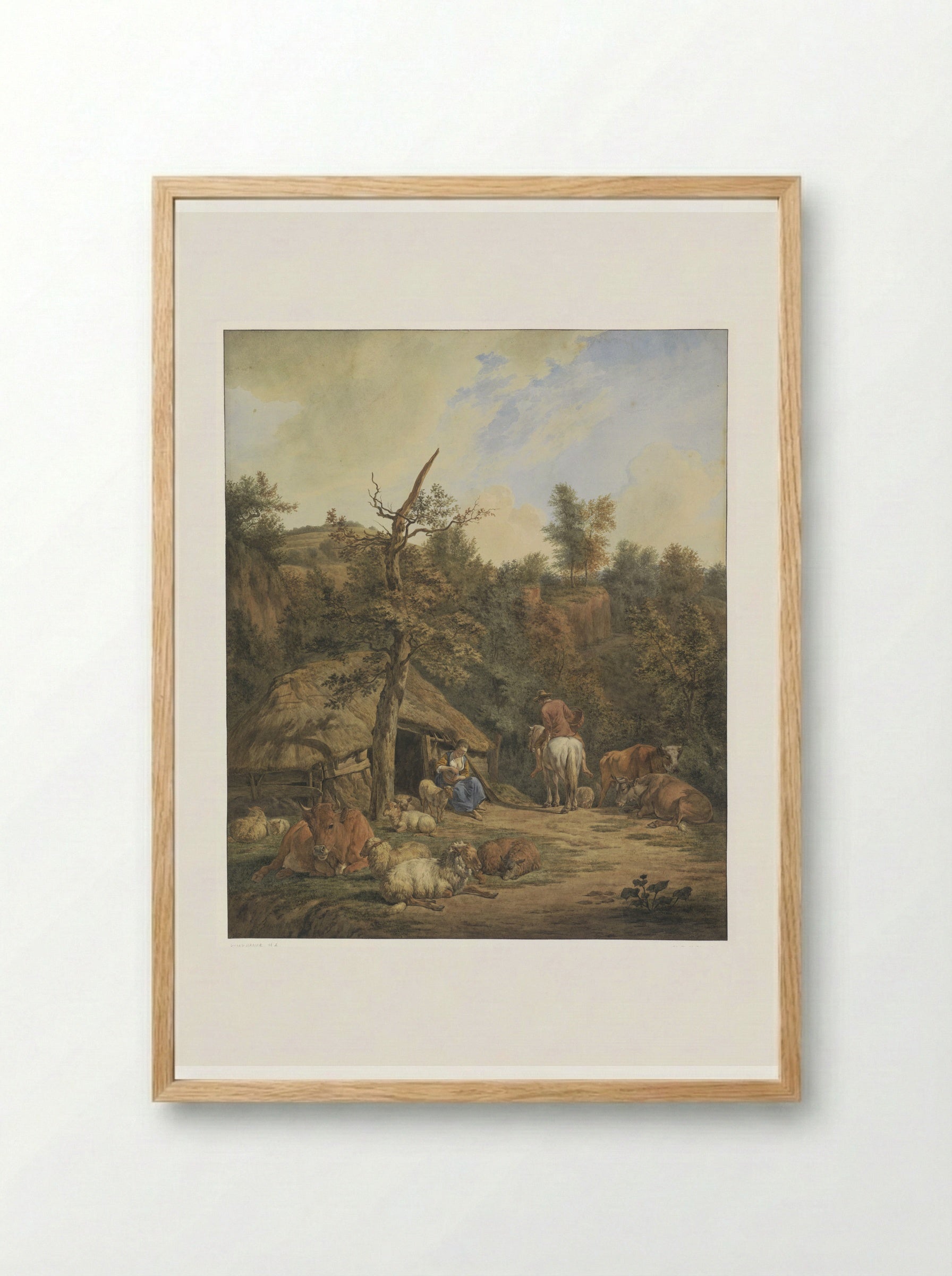 Herder, herderin en vee rustend voor een vervallen stal - Hendrik Abraham Klinkhamer - Framed Print Wood