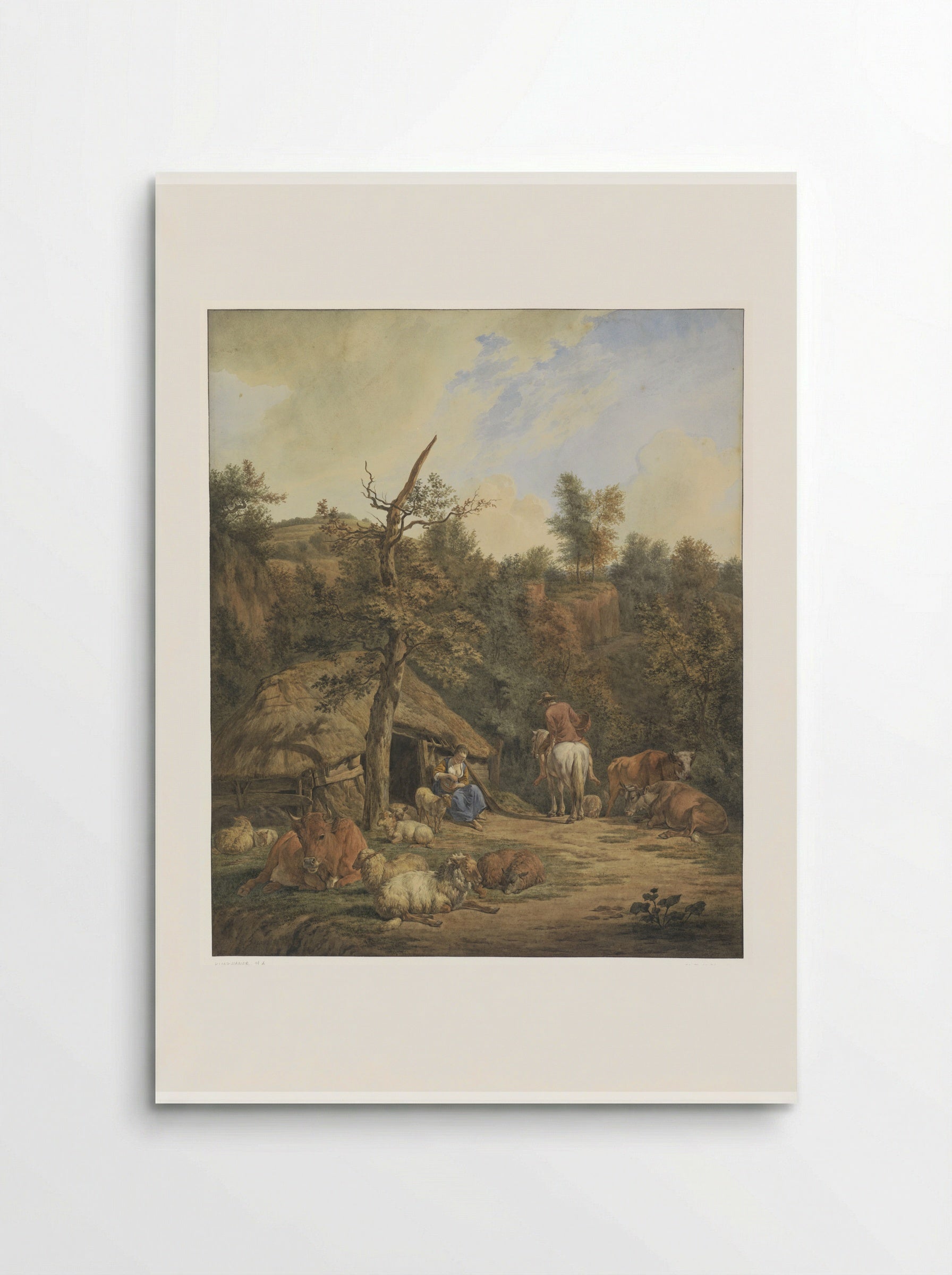 Herder, herderin en vee rustend voor een vervallen stal - Hendrik Abraham Klinkhamer - Poster