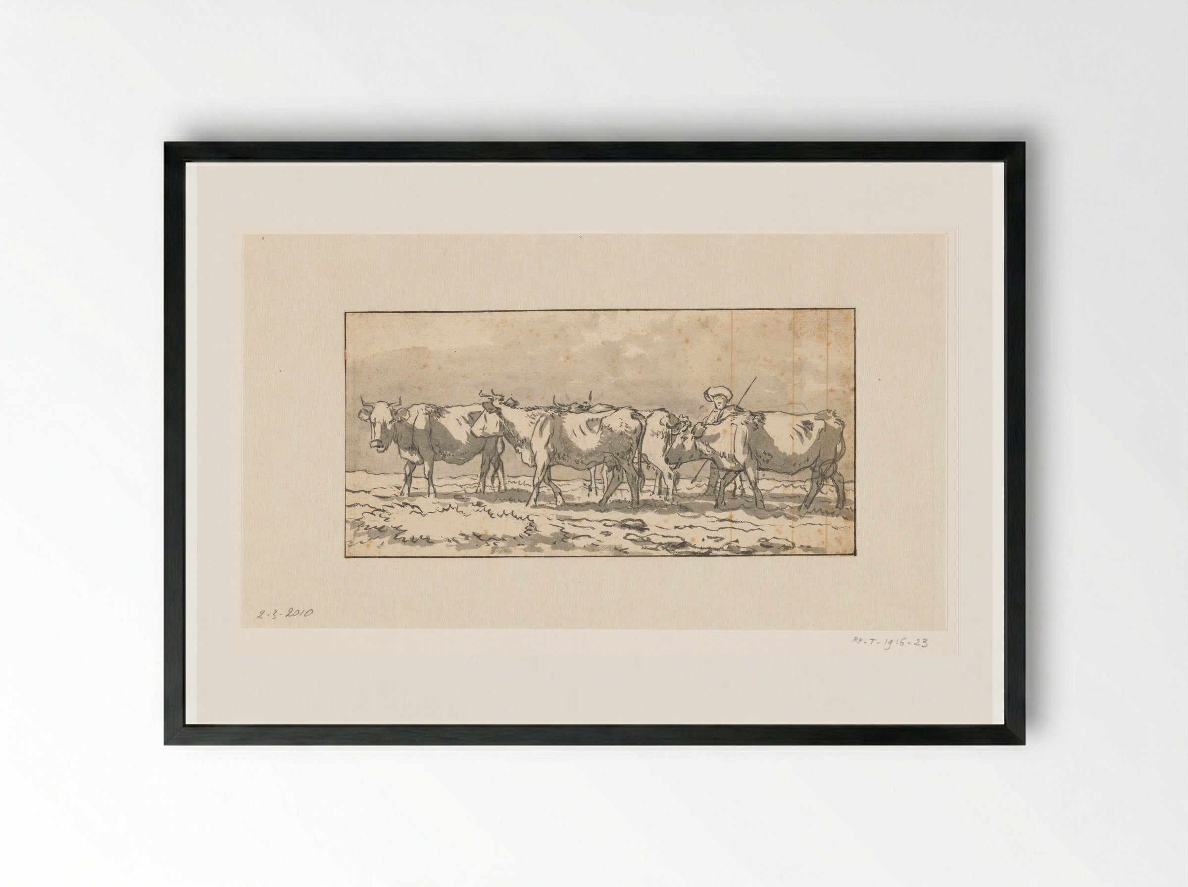 Herder met kudde koeien in de wei - Wouter Johannes van Troostwijk - Framed Print Black