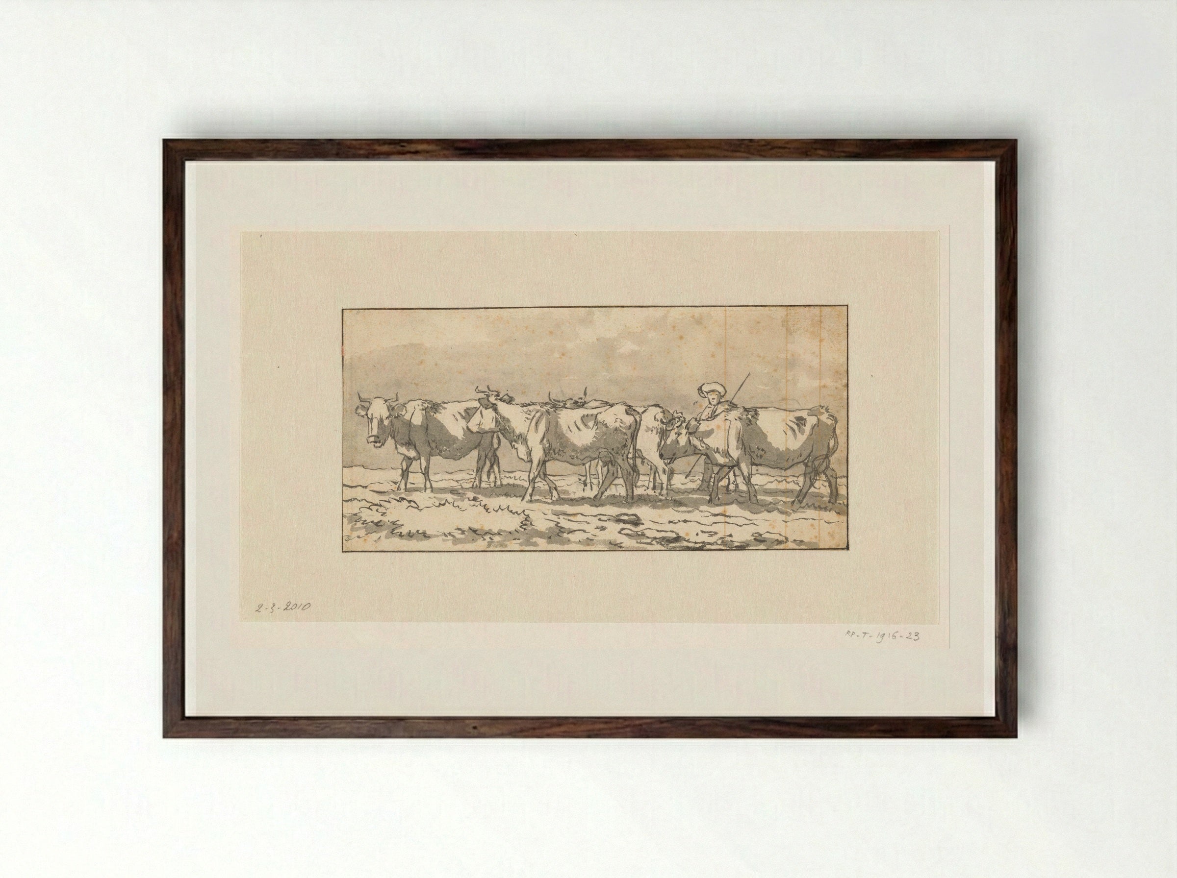 Herder met kudde koeien in de wei - Wouter Johannes van Troostwijk - Framed Print Dark Wood