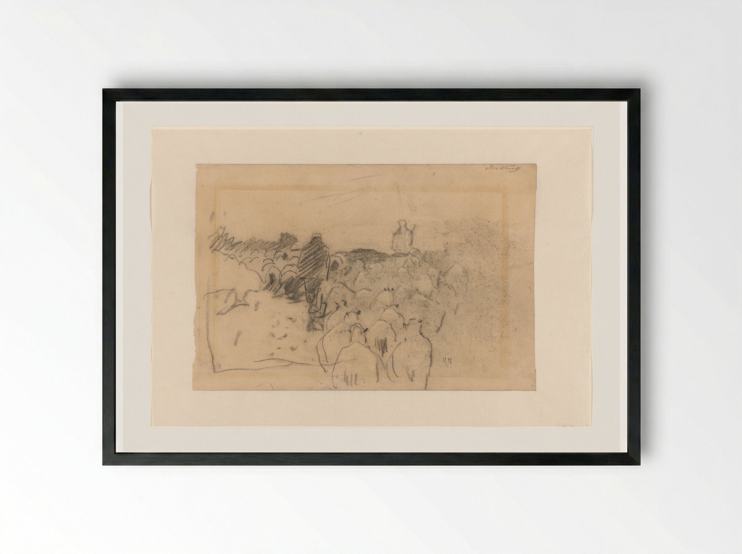 Herder met kudde schapen op de heide - Anton Mauve - Framed Print Black