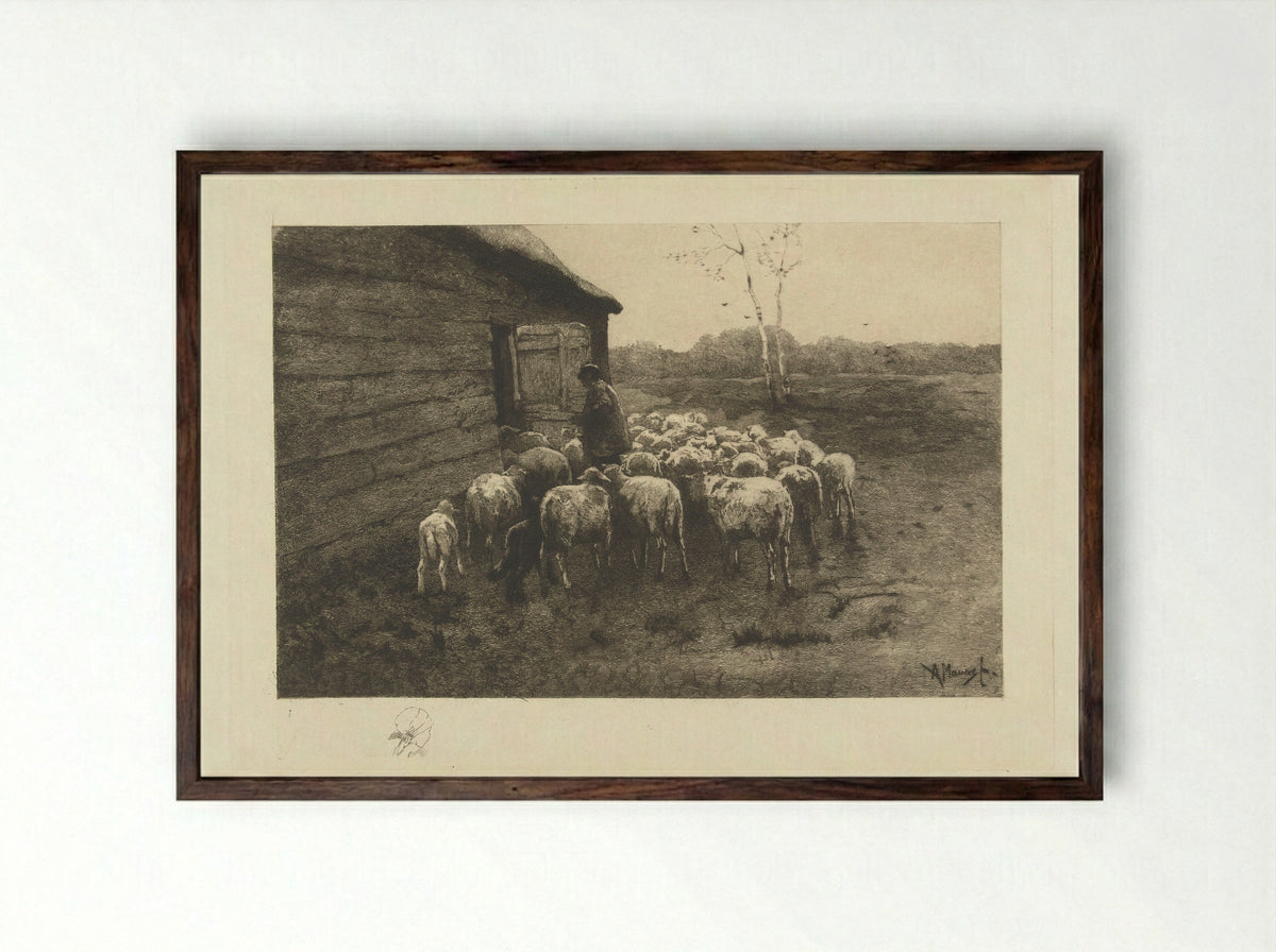 Herder met kudde schapen voor de stal - Petrus Johannes Arendzen - Framed Print Dark Wood