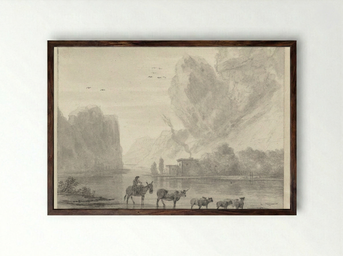 Herder met vee aan de oever van een rivier - Hendrik van der Straaten - Framed Print Dark Wood