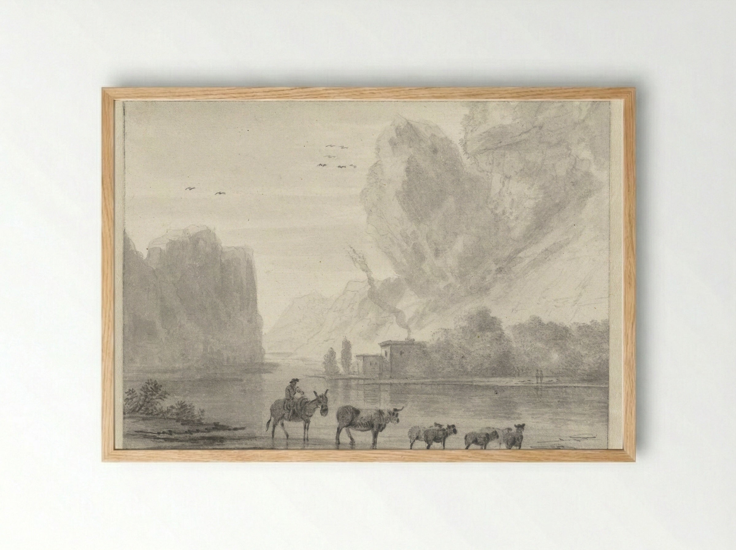 Herder met vee aan de oever van een rivier - Hendrik van der Straaten - Framed Print Wood
