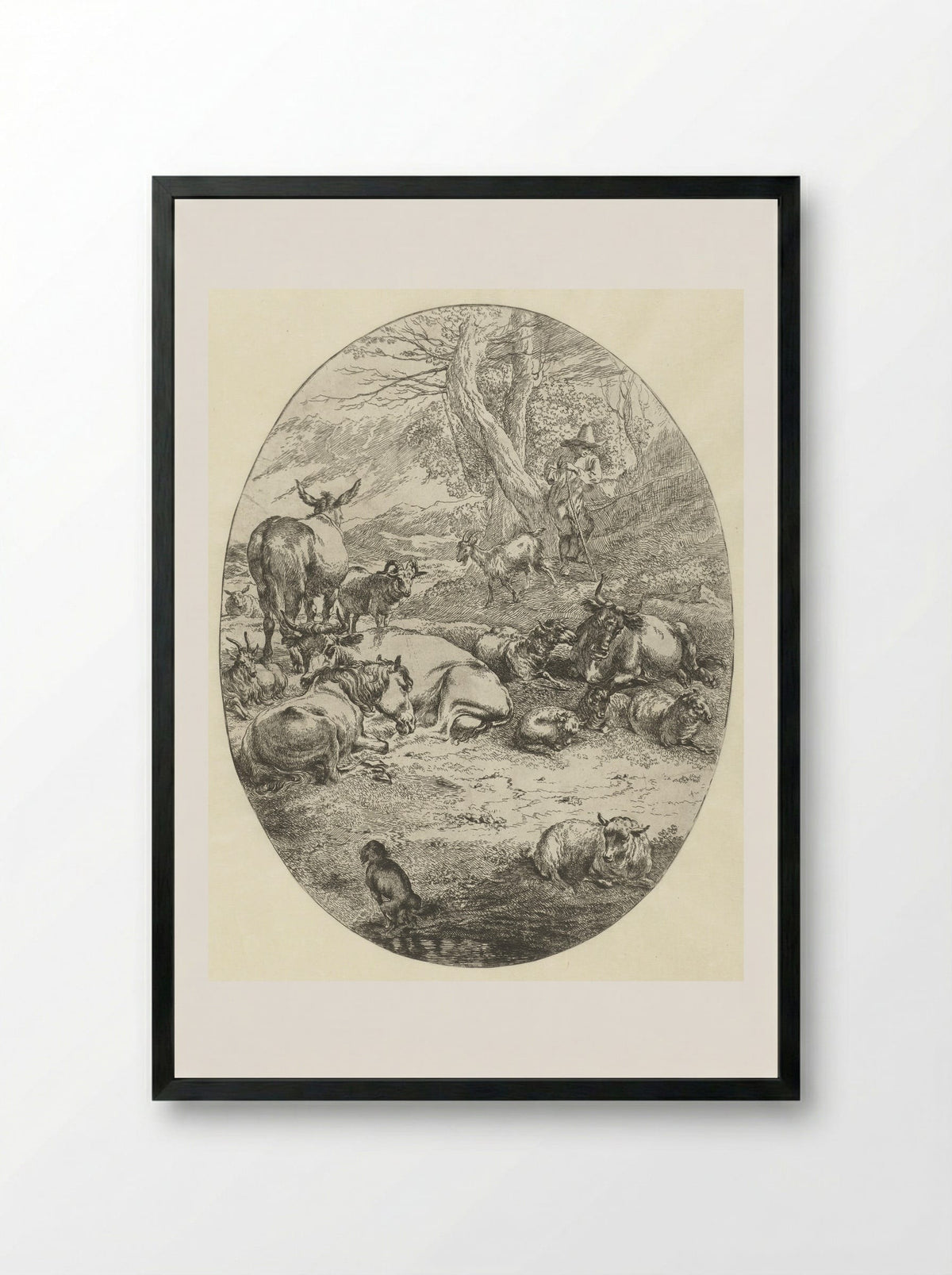 Herder met vee rust bij twee bomen - Abraham Jansz Begeyn - Framed Print Black