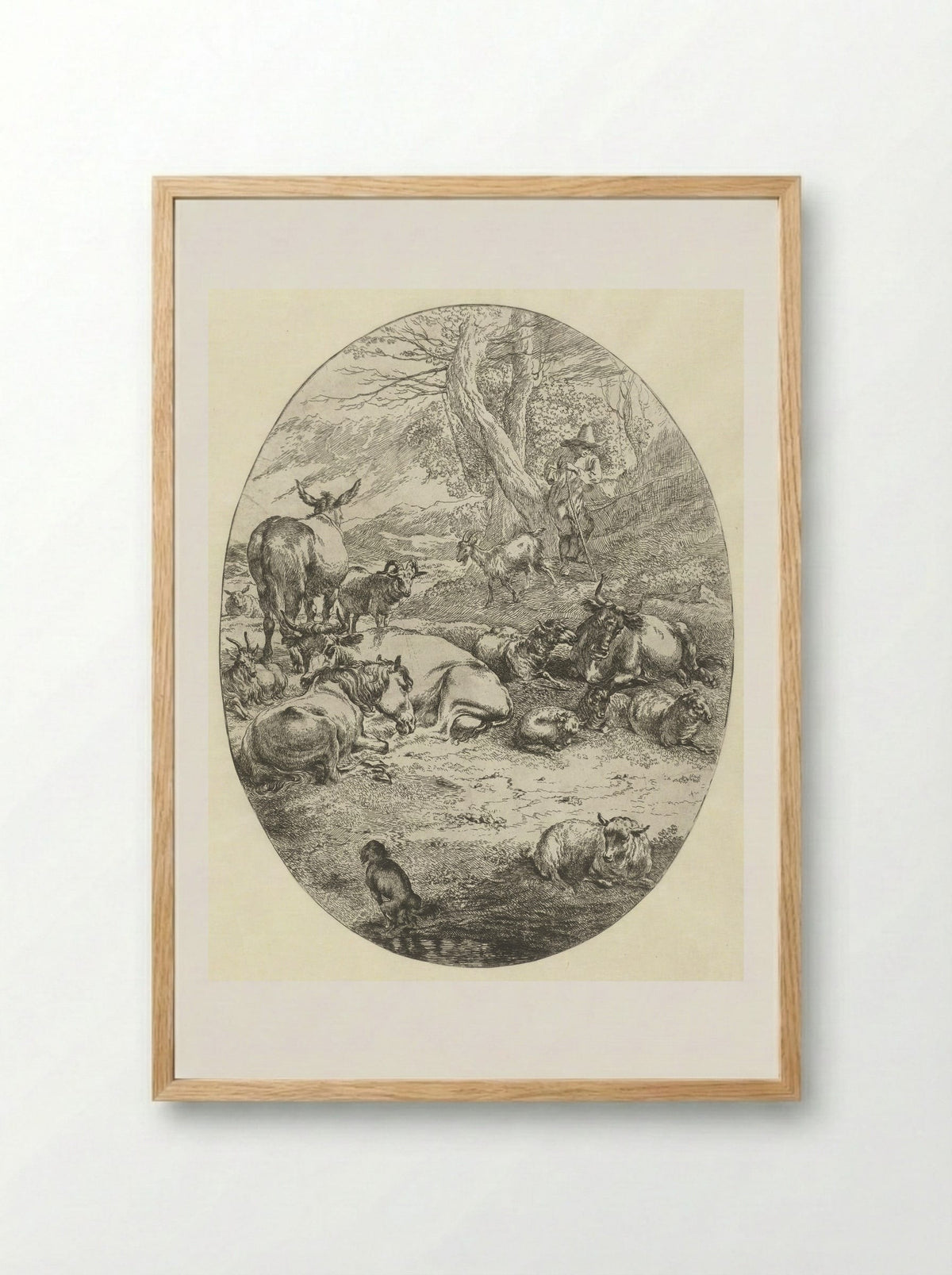 Herder met vee rust bij twee bomen - Abraham Jansz Begeyn - Framed Print Wood