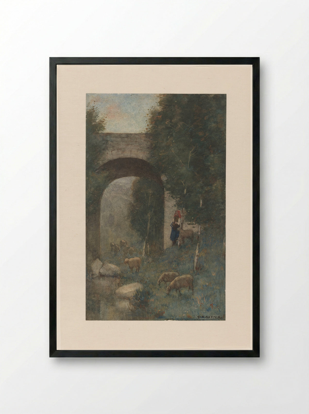 Herderin met schapen, bij een viaduct - Anton L. Koster - Framed Print Black