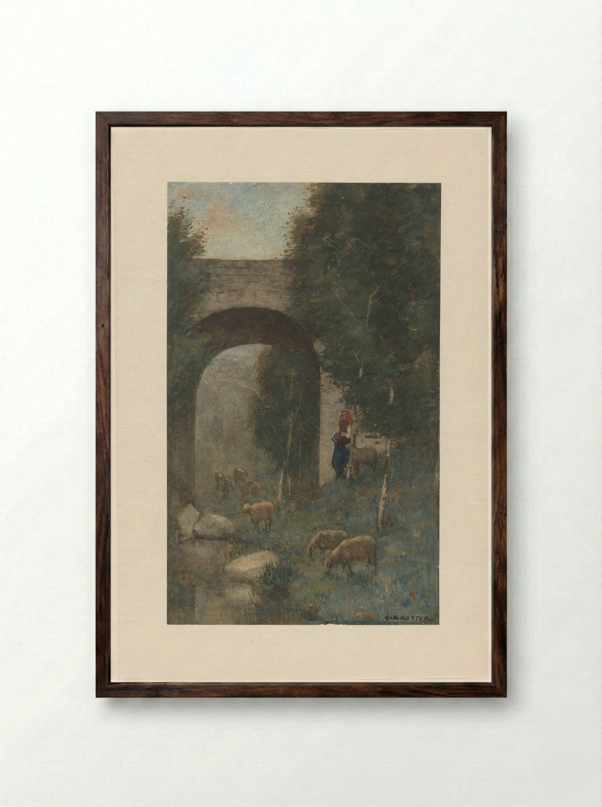 Herderin met schapen, bij een viaduct - Anton L. Koster - Framed Print Dark Wood