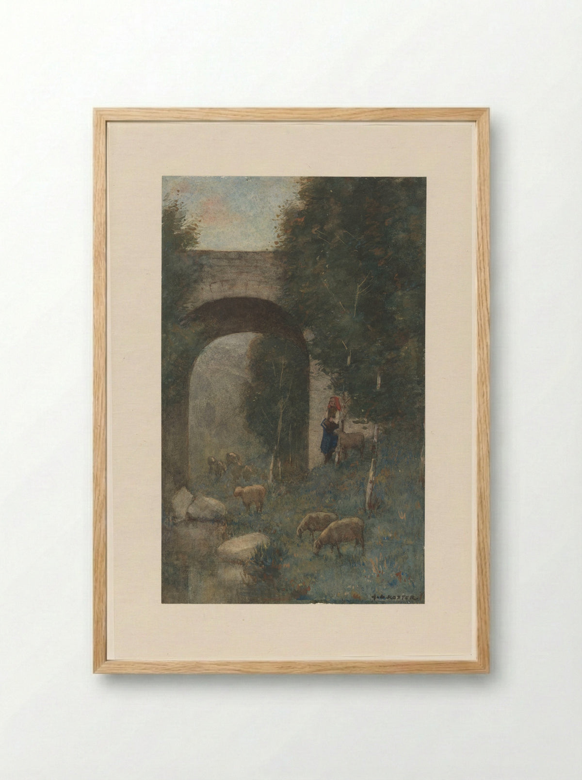 Herderin met schapen, bij een viaduct - Anton L. Koster - Framed Print Wood