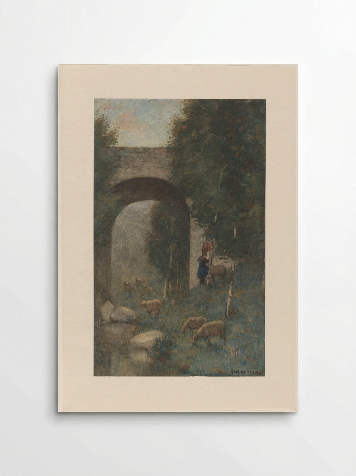 Herderin met schapen, bij een viaduct - Anton L. Koster - Poster