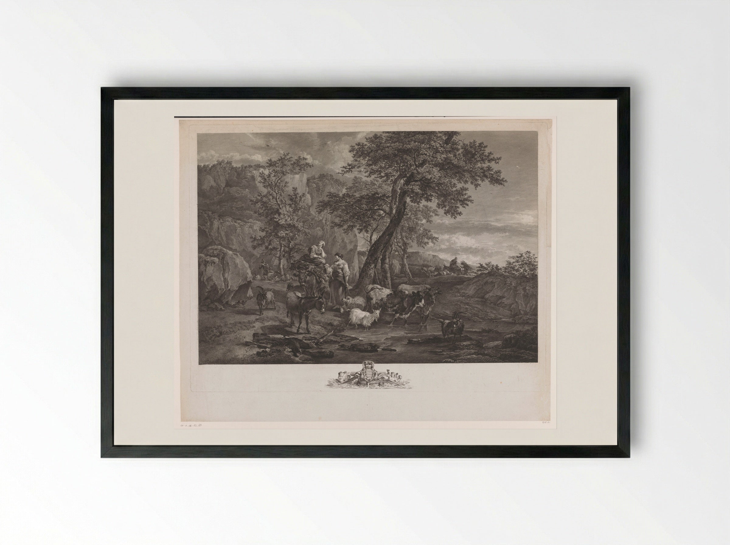 Herders in a Landscape - Jacques-Philippe Le Bas - Framed Print Black