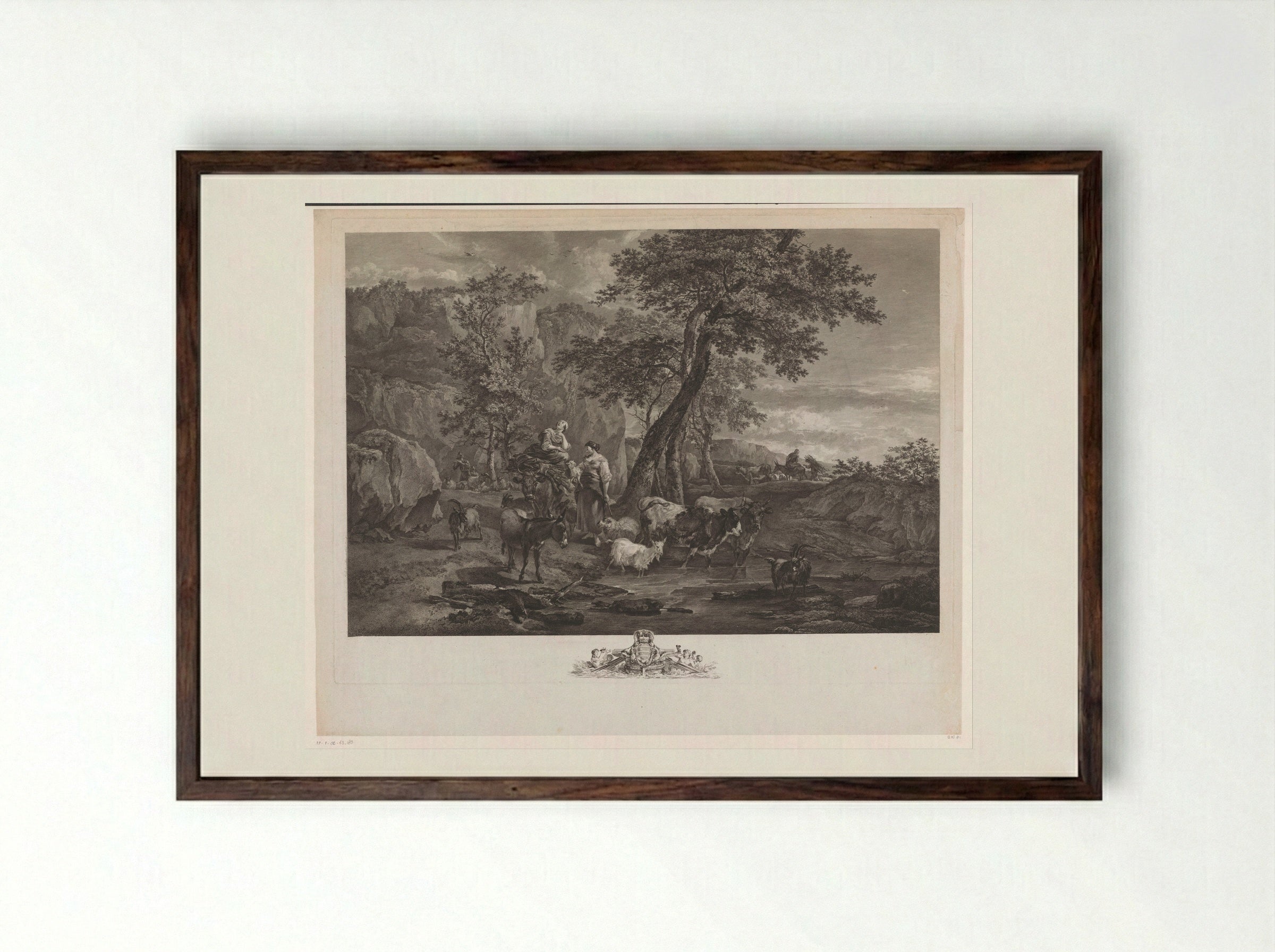 Herders in a Landscape - Jacques-Philippe Le Bas - Framed Print Dark Wood