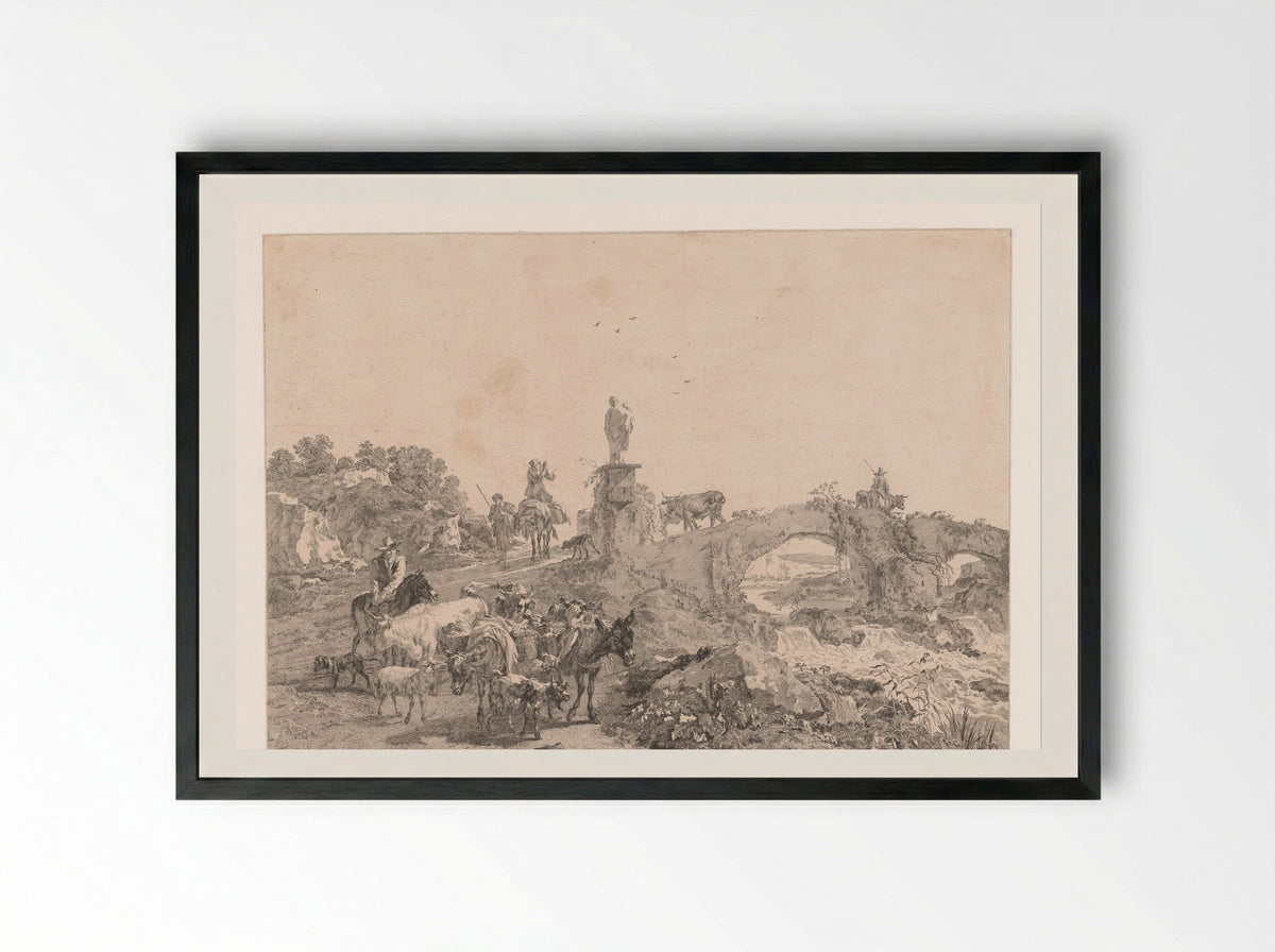 Herders met kudde in een landschap met brug - Jacques-Philippe Le Bas - Framed Print Black