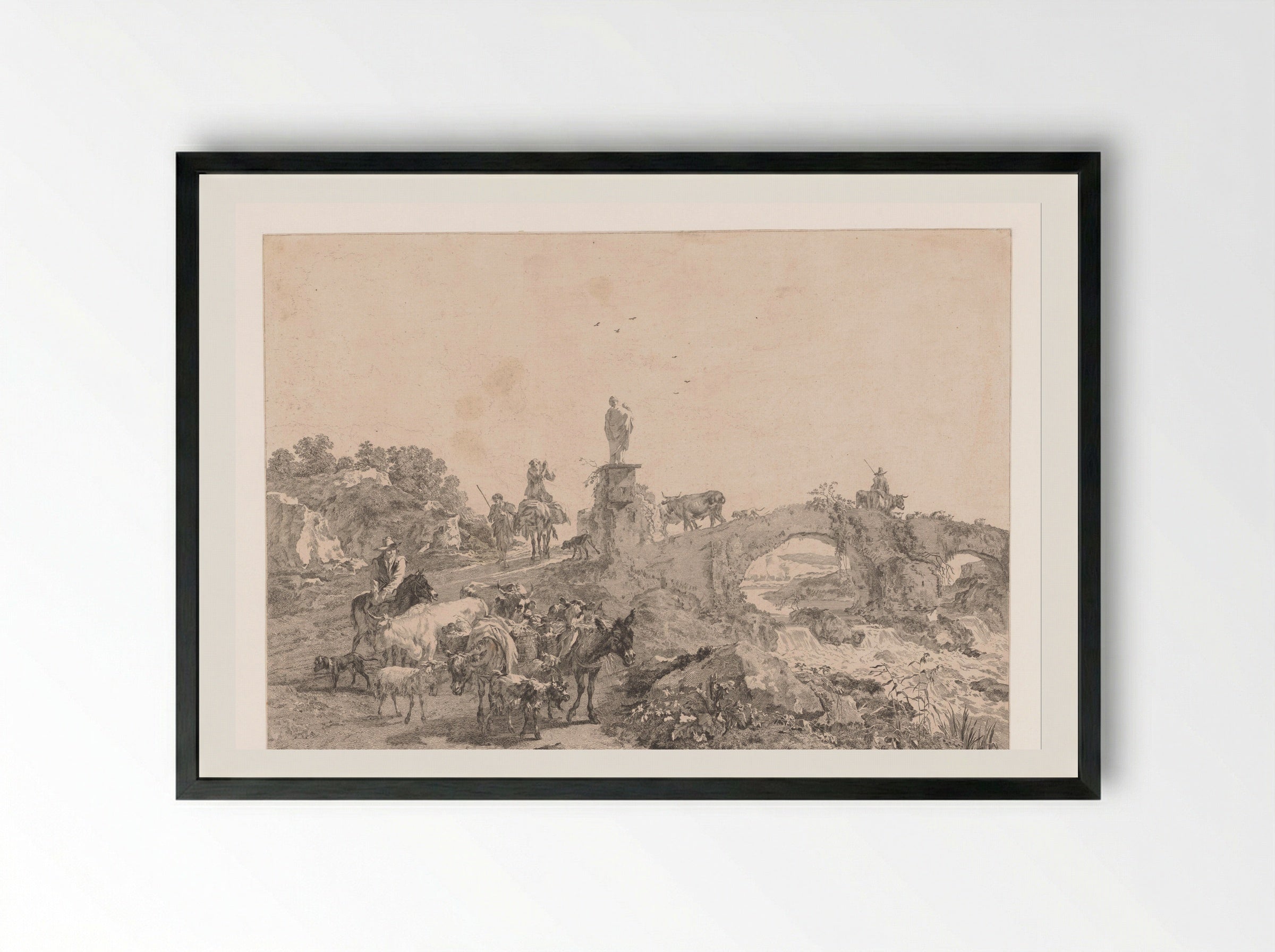 Herders met kudde in een landschap met brug - Jacques-Philippe Le Bas - Framed Print Black
