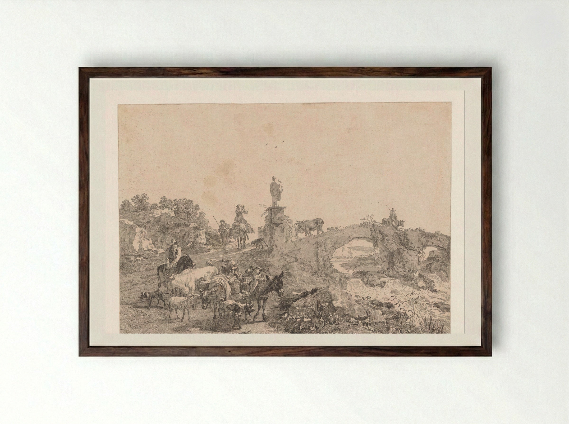 Herders met kudde in een landschap met brug - Jacques-Philippe Le Bas - Framed Print Dark Wood