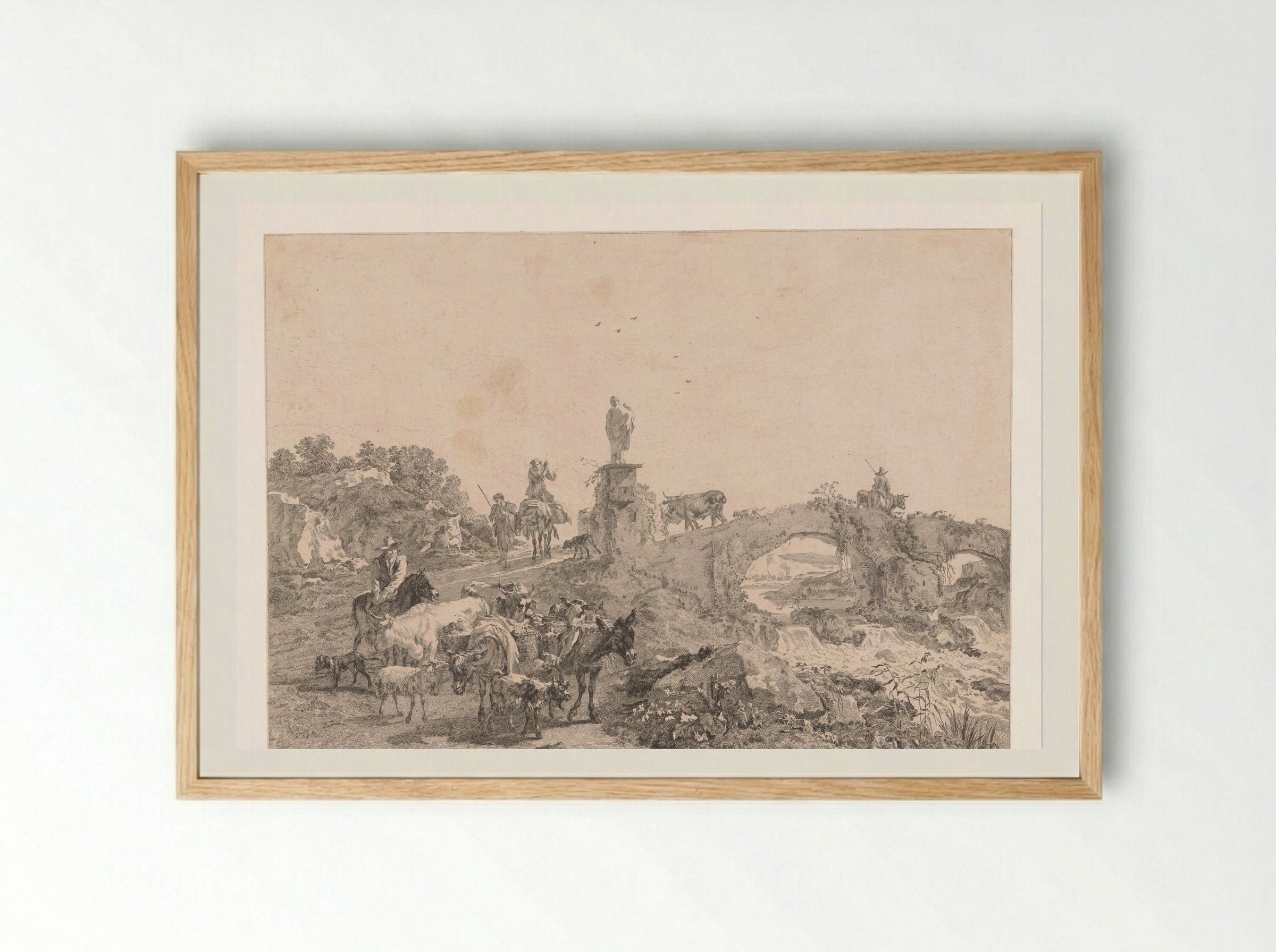 Herders met kudde in een landschap met brug - Jacques-Philippe Le Bas - Framed Print Wood