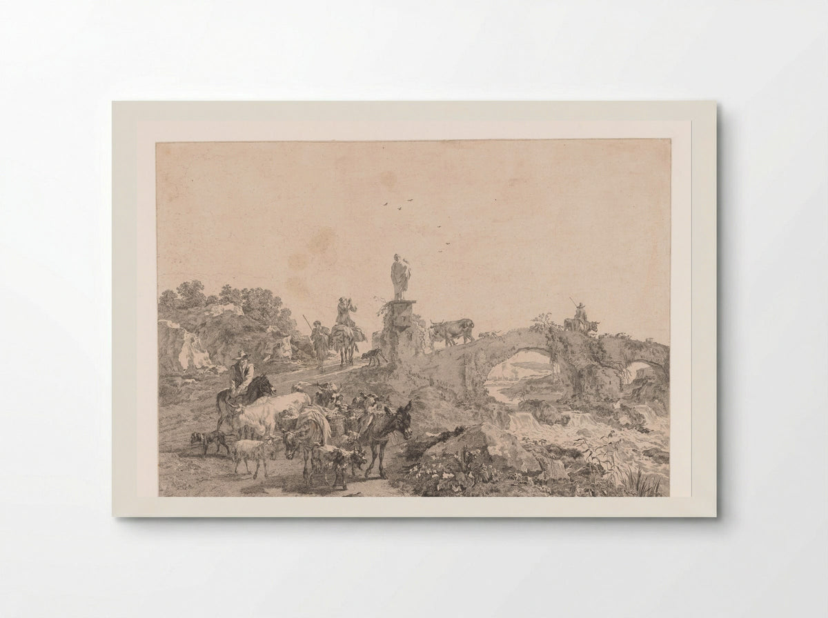 Herders met kudde in een landschap met brug - Jacques-Philippe Le Bas - Poster