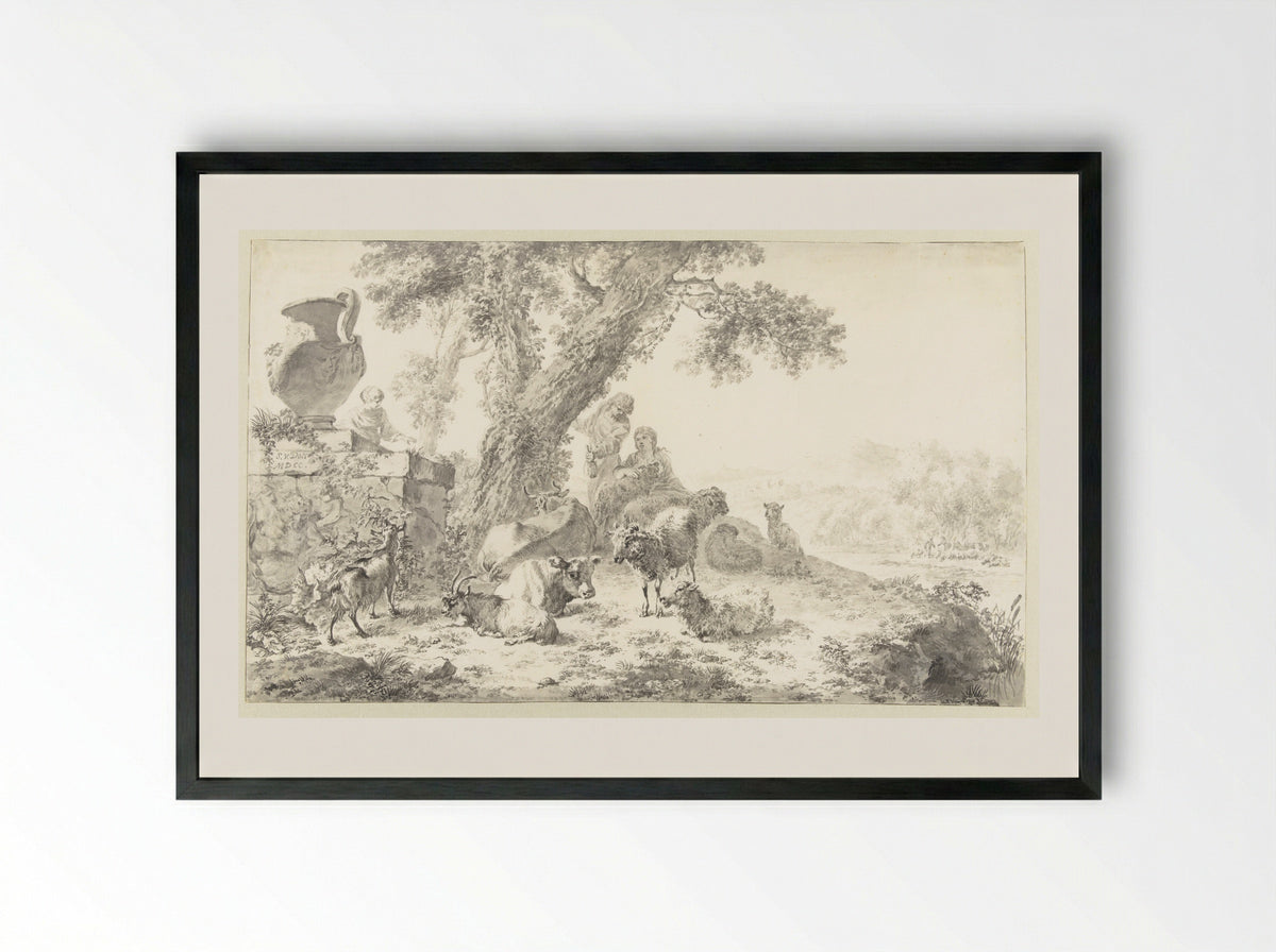 Herders met kudde onder een boom - Simon van der Does - Framed Print Black