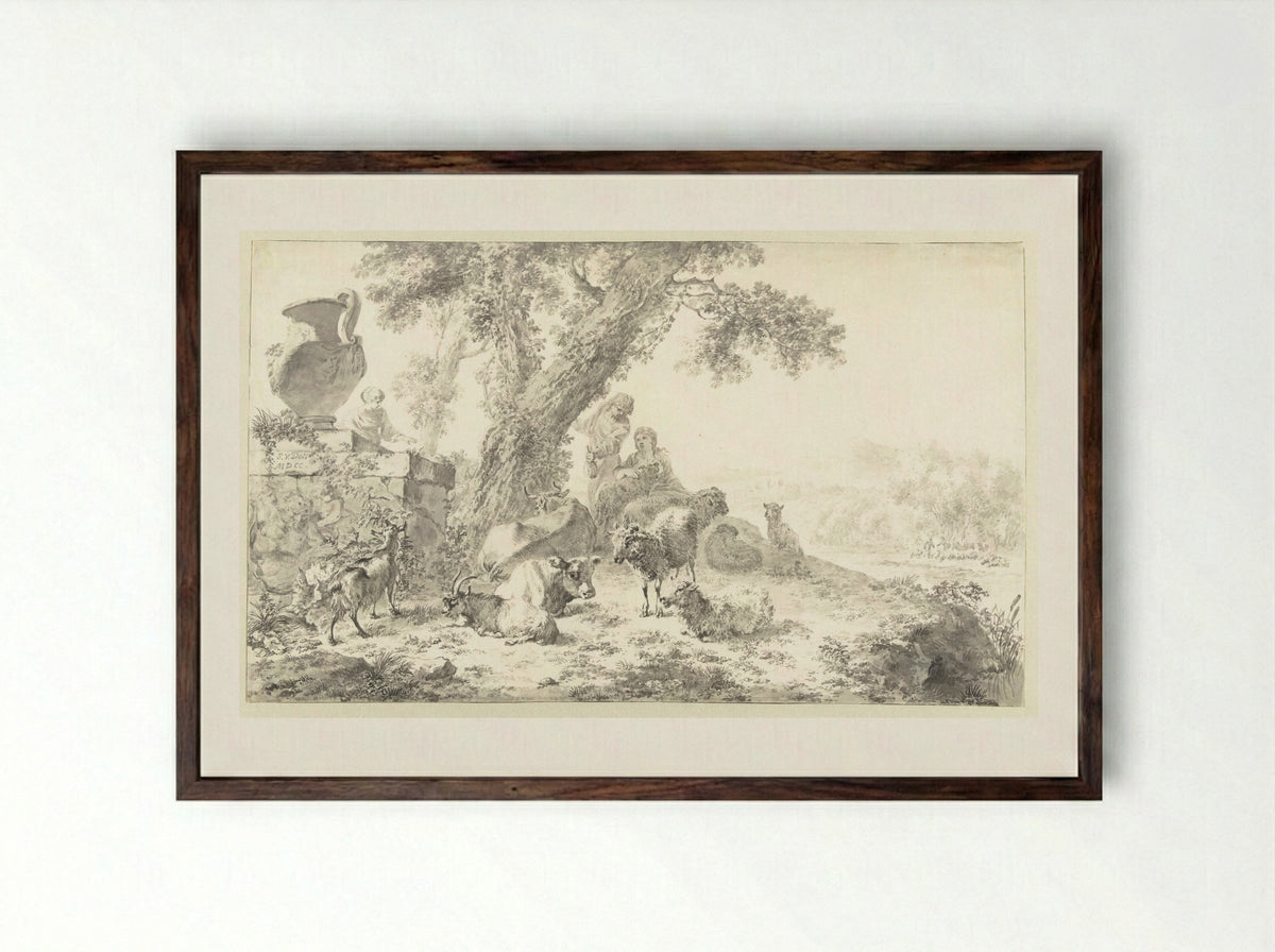 Herders met kudde onder een boom - Simon van der Does - Framed Print Dark Wood