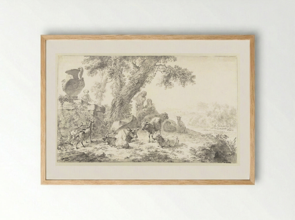 Herders met kudde onder een boom - Simon van der Does - Framed Print Wood