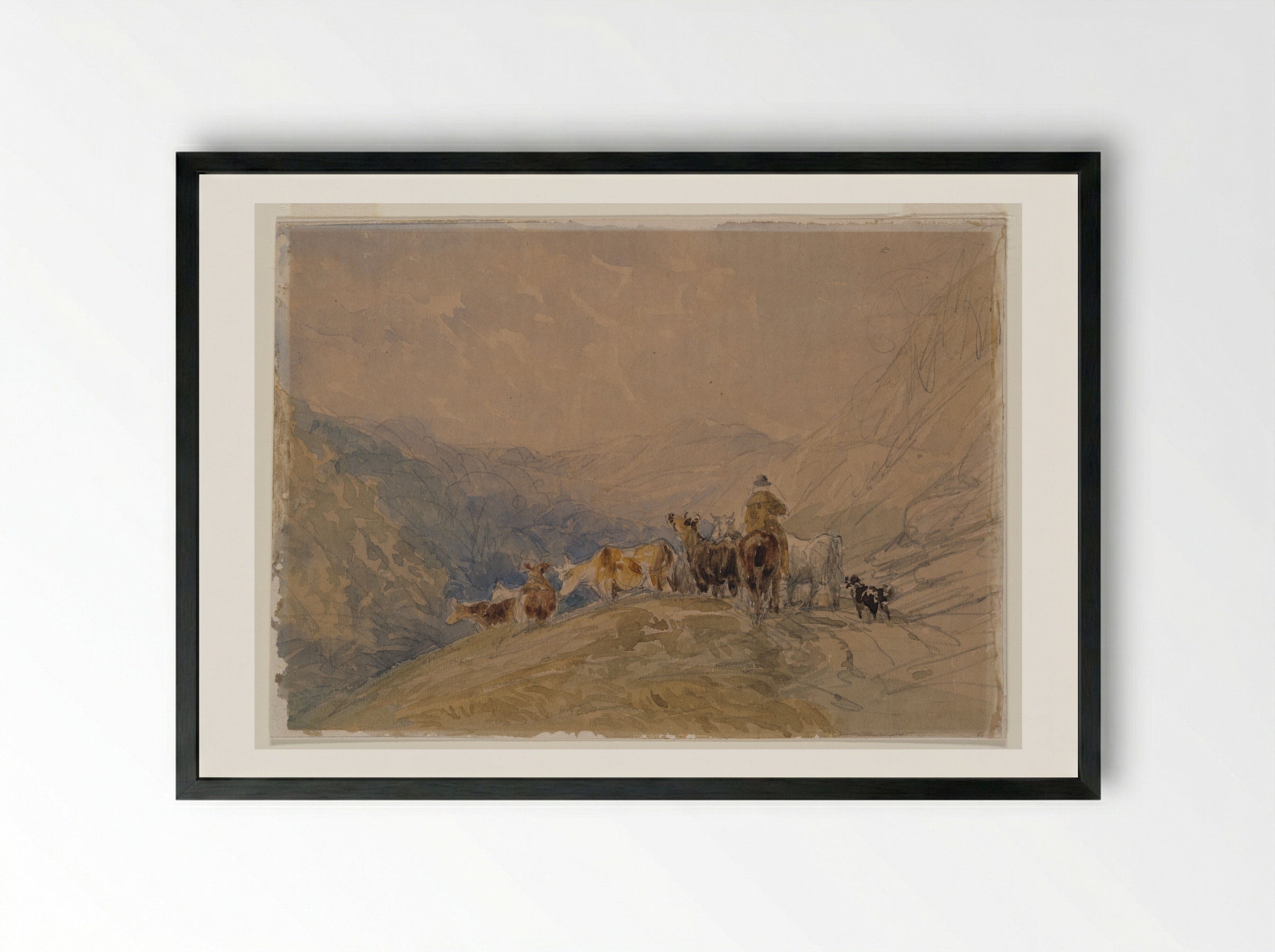Herding Cattle in the Mountains - David Cox - Framed Print Black