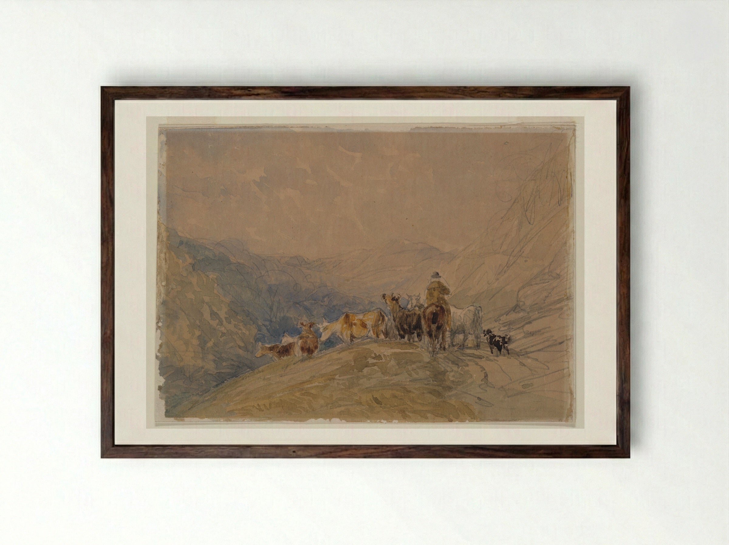 Herding Cattle in the Mountains - David Cox - Framed Print Dark Wood